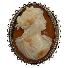 Antique Victorian Shell Cameo Brooch with Seed Pearl Frame, circa 1880