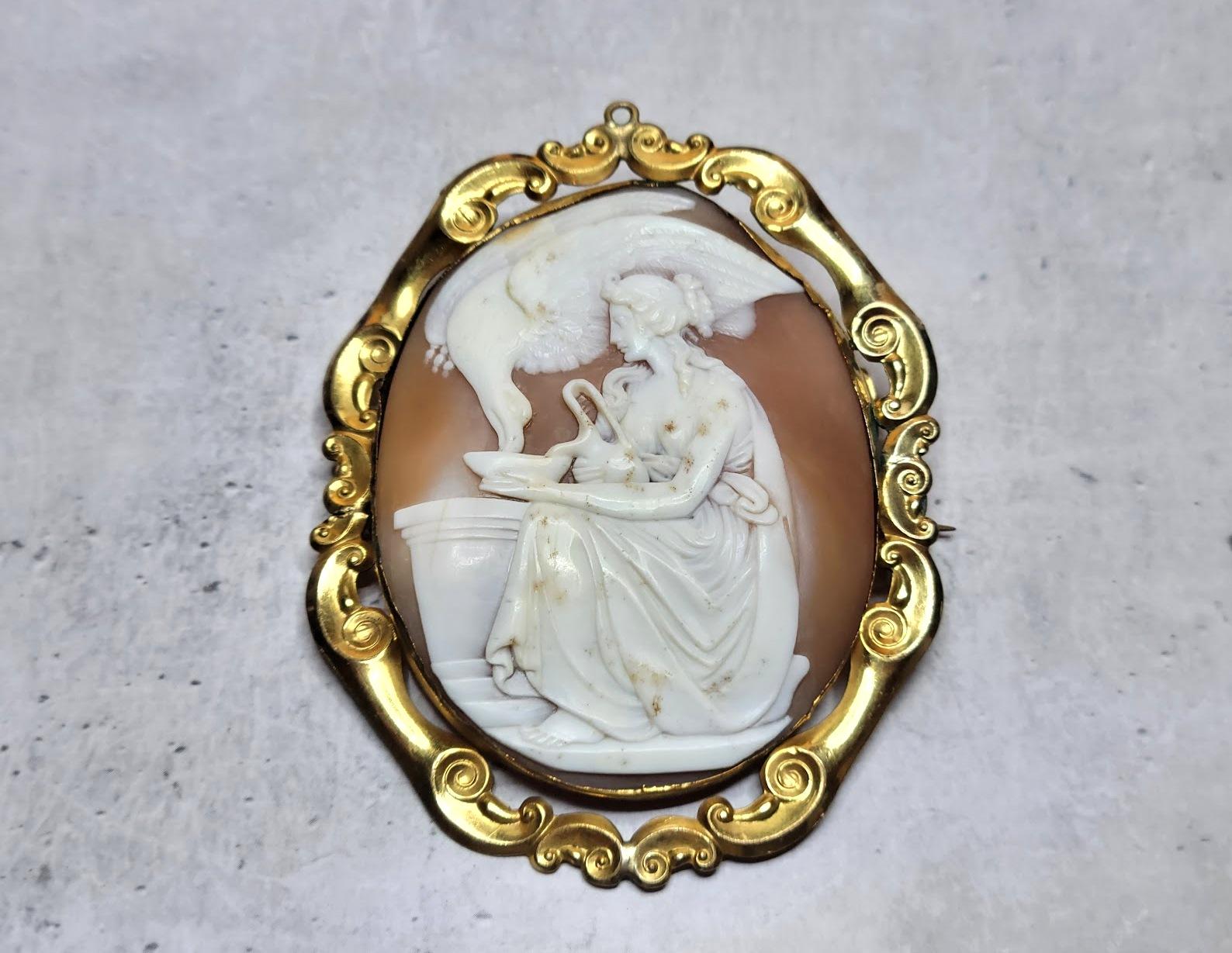 Huge cameo depicting Hebe, the Goddess of Youth and cupbearer to the Gods. In this cameo, Hebe is depicted while feeding the eagle of Zeus. This subject was very popular in the Victorian era, probably after a painting of Sir Willian Beechey (England