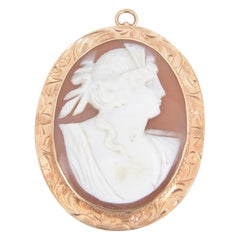 Antique Victorian Shell Portrait Cameo Yellow Gold Brooch Pendant