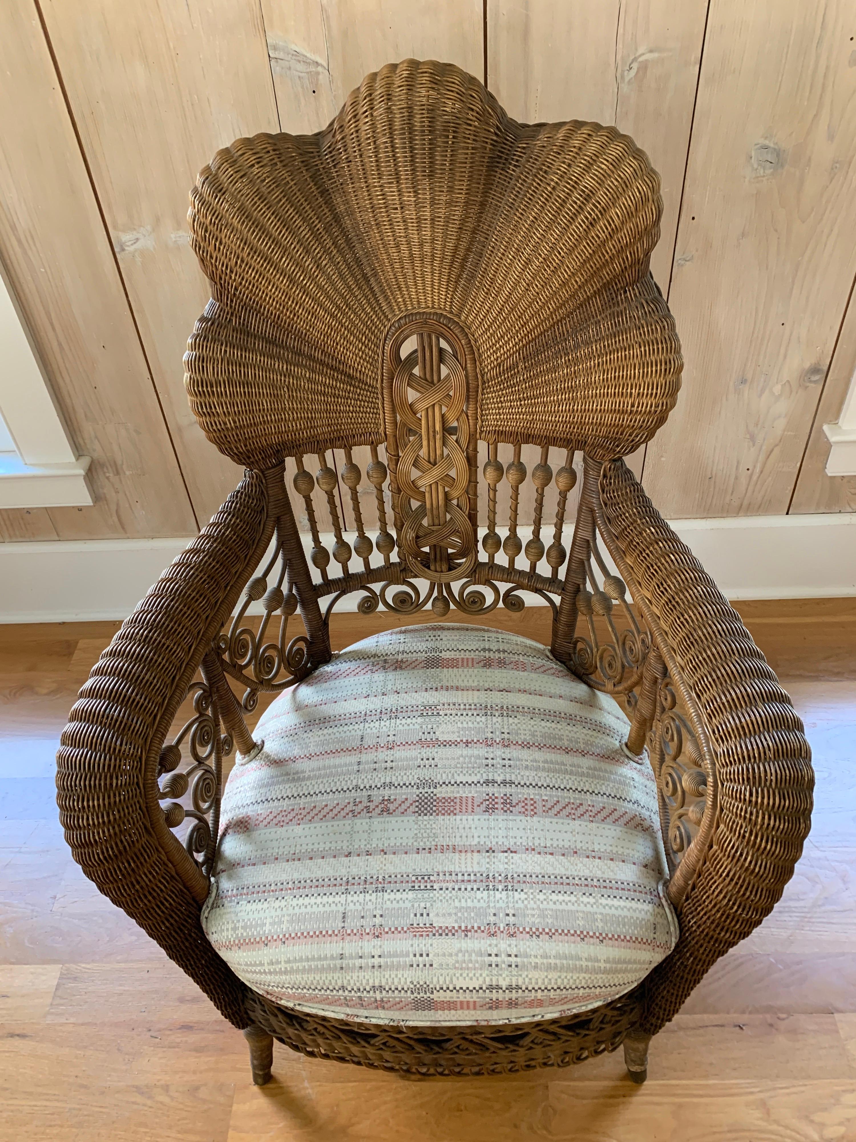 Reed Antique Victorian Shellback Wicker Settee and Chair For Sale