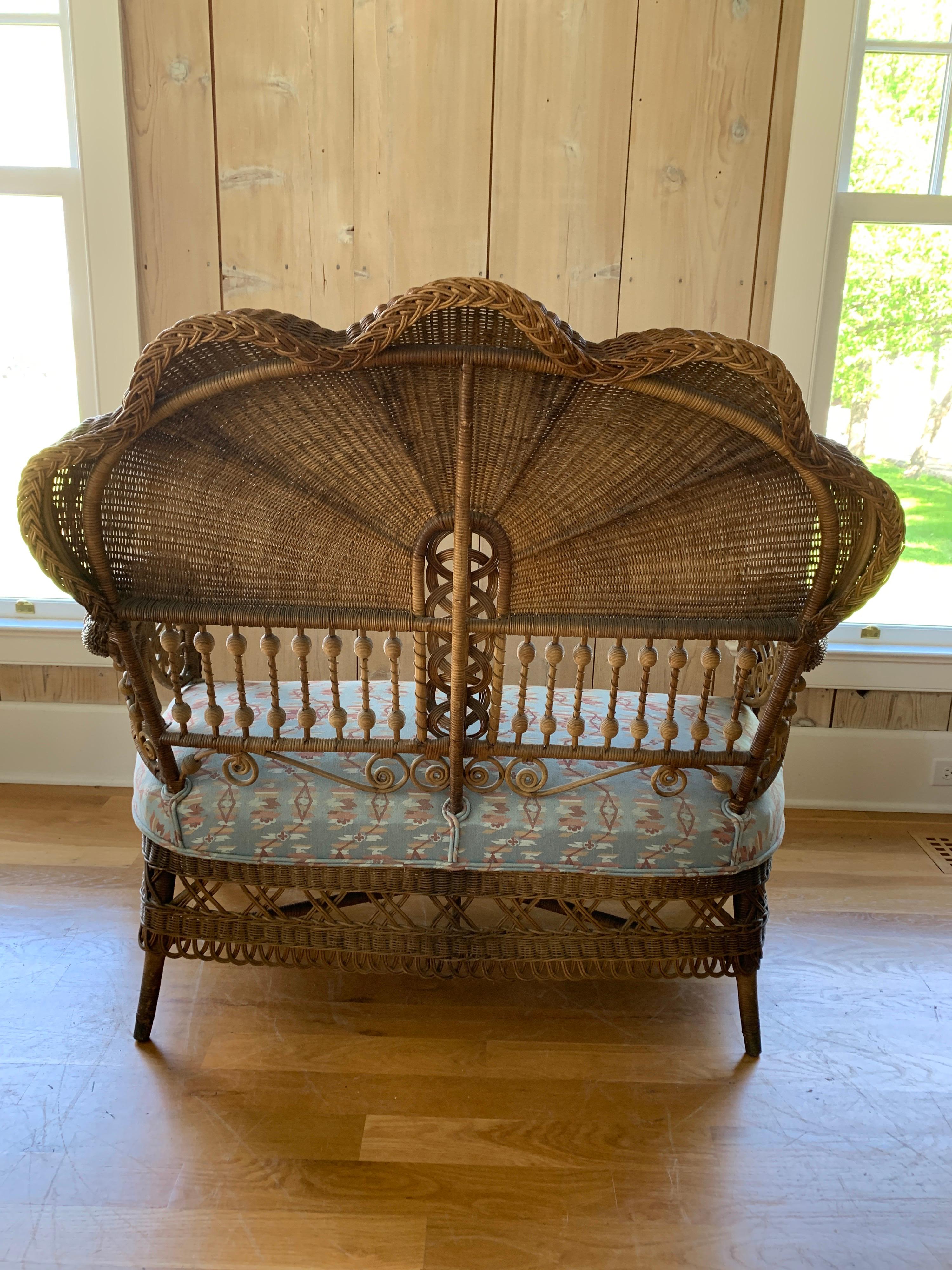 Antique Victorian Shellback Wicker Settee and Chair For Sale 3