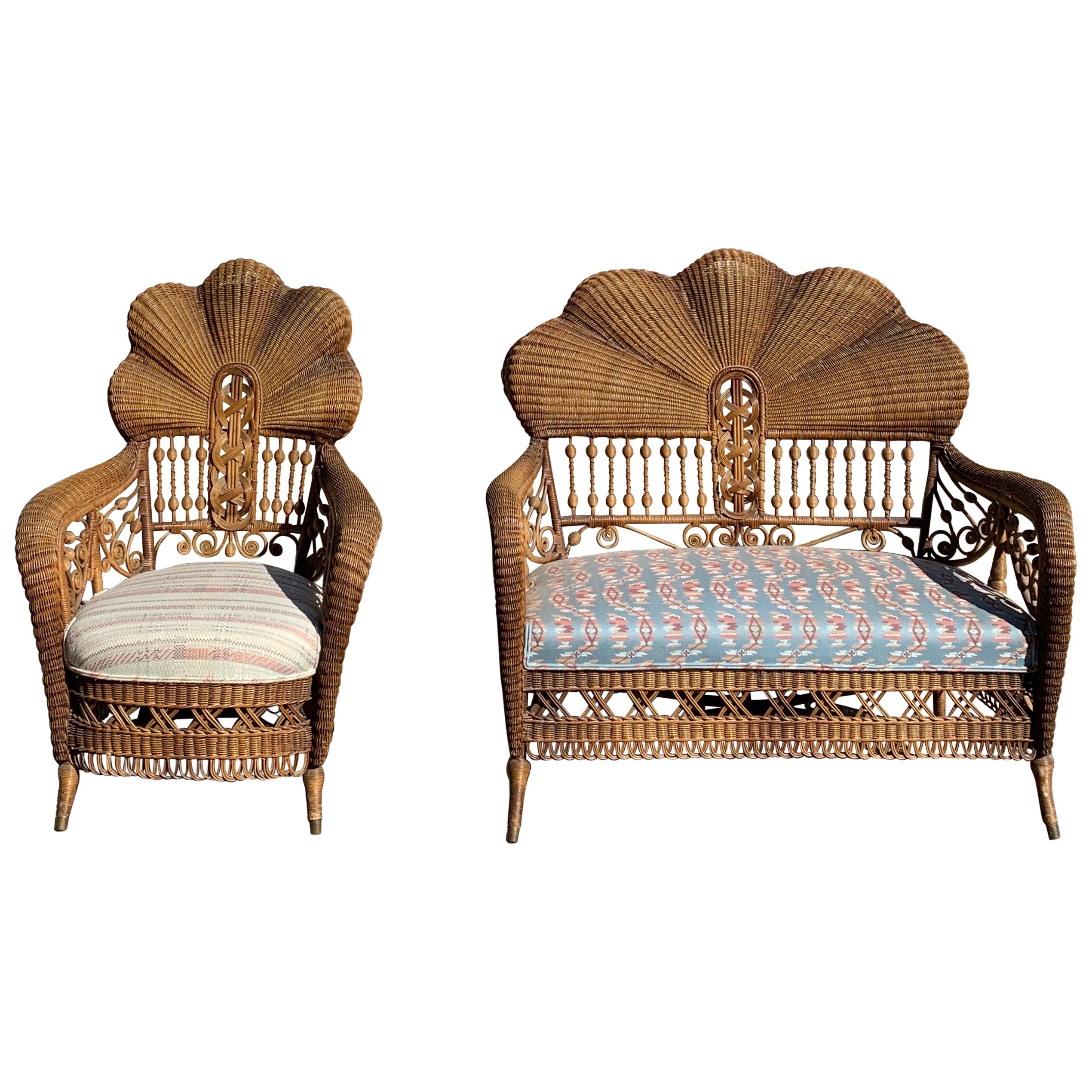 Antique Victorian Shellback Wicker Settee and Chair For Sale