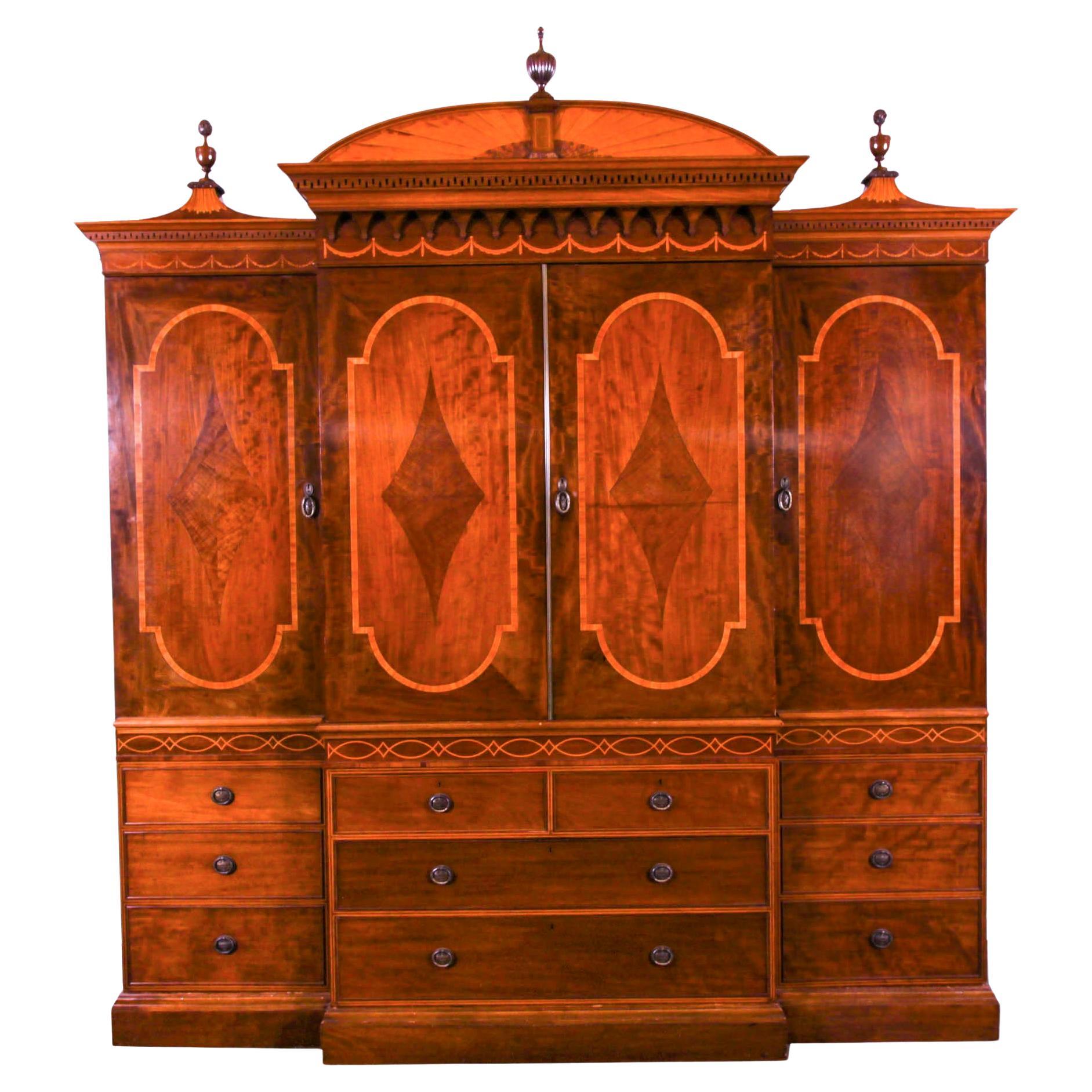 Antique Victorian Sheraton Revival Inlaid Breakfront Wardrobe 19th Century