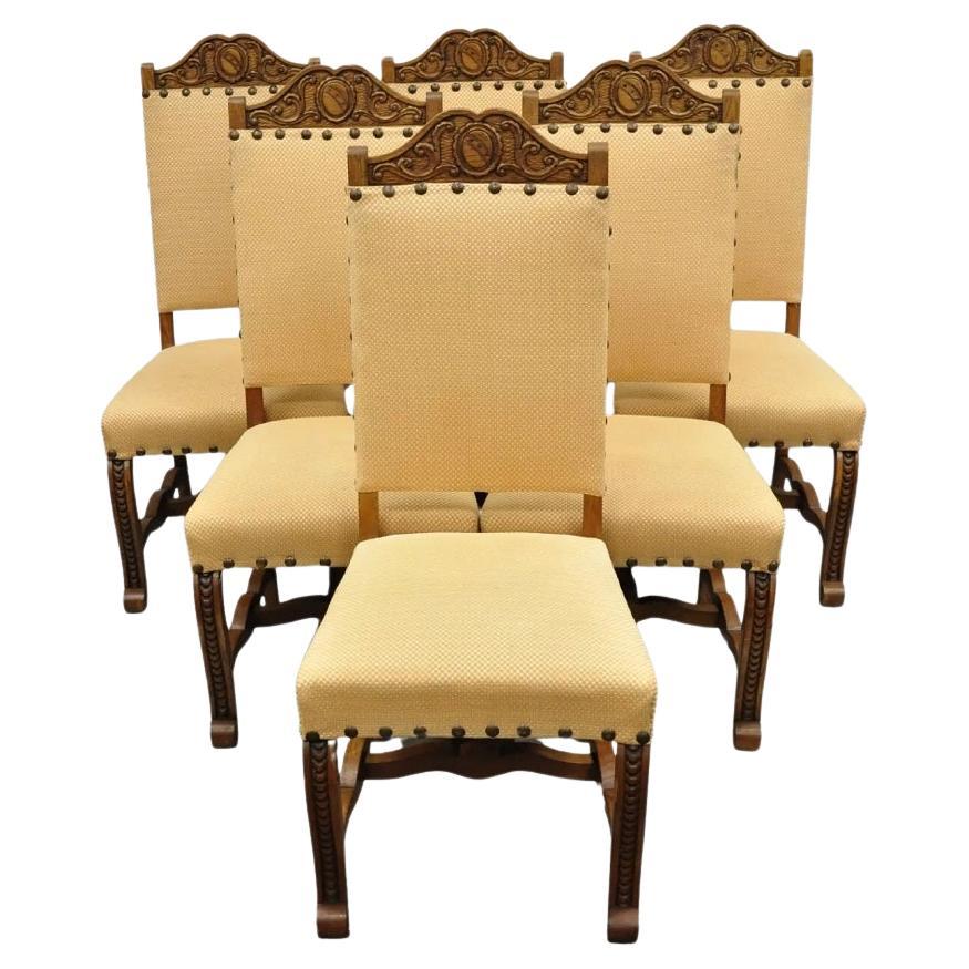 Antiguo Escudo Victoriano de Madera de Roble Tallado Sillas de Comedor - Juego de 6