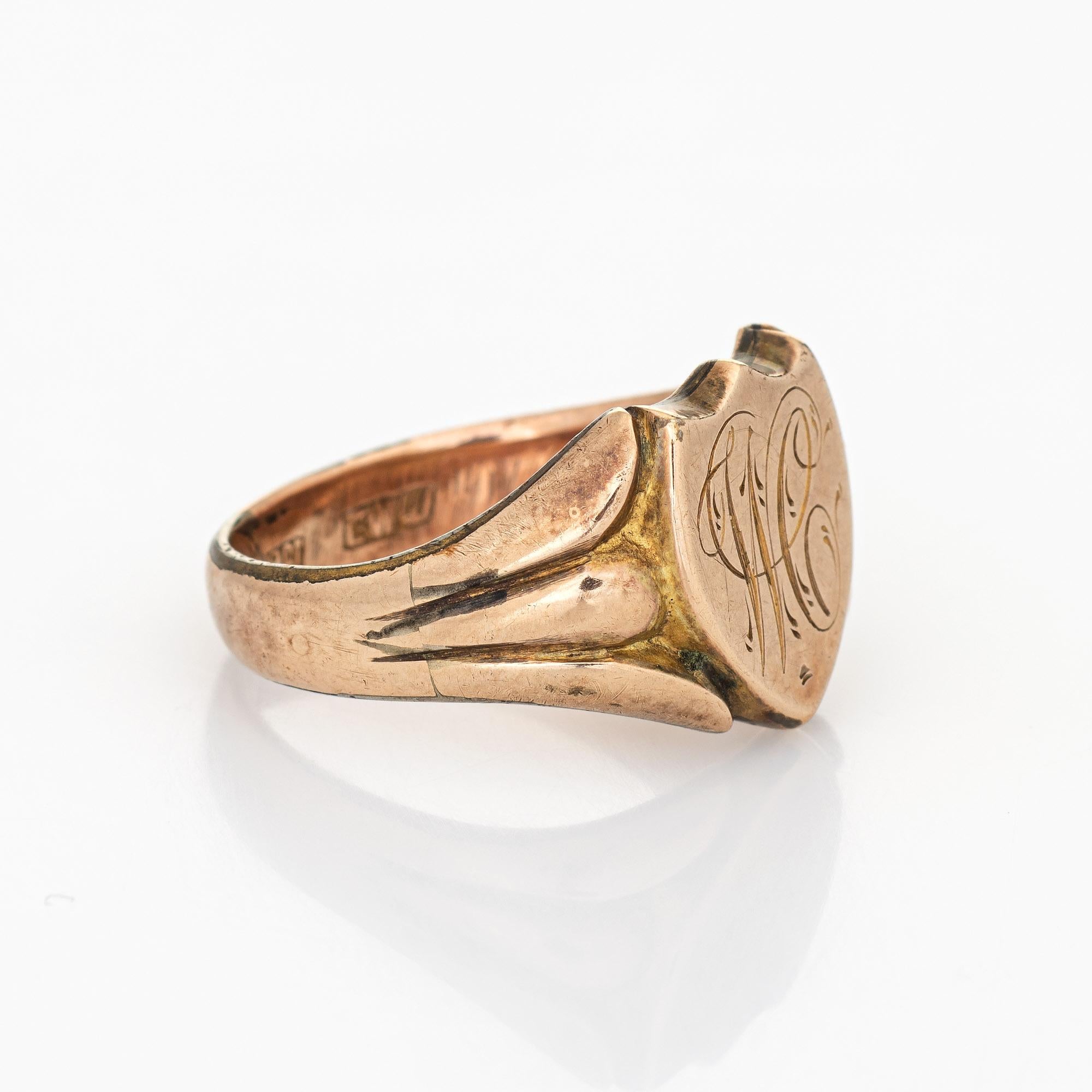 Antique Victorian Shield Signet Ring 9k Rose Gold Vintage Fine Jewelry In Good Condition In Torrance, CA