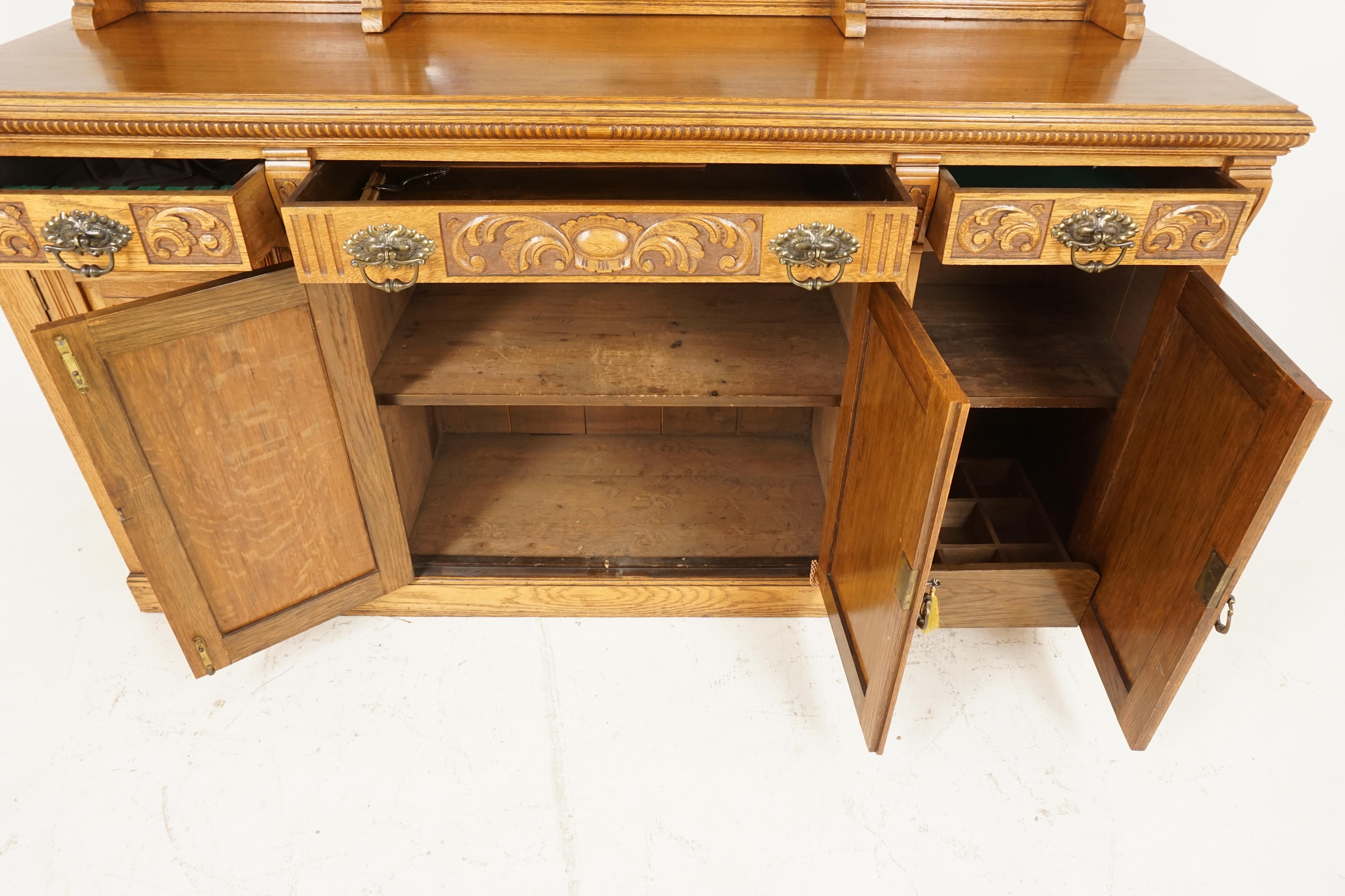 Late 19th Century Antique Victorian Sideboard, Carved Oak, Mirror Back Buffet, Scotland 1890, H117