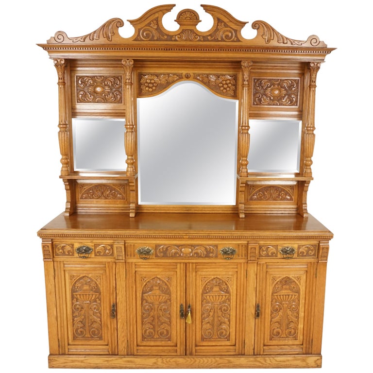 Antique Victorian Sideboard, Carved Oak, Mirror Back Buffet