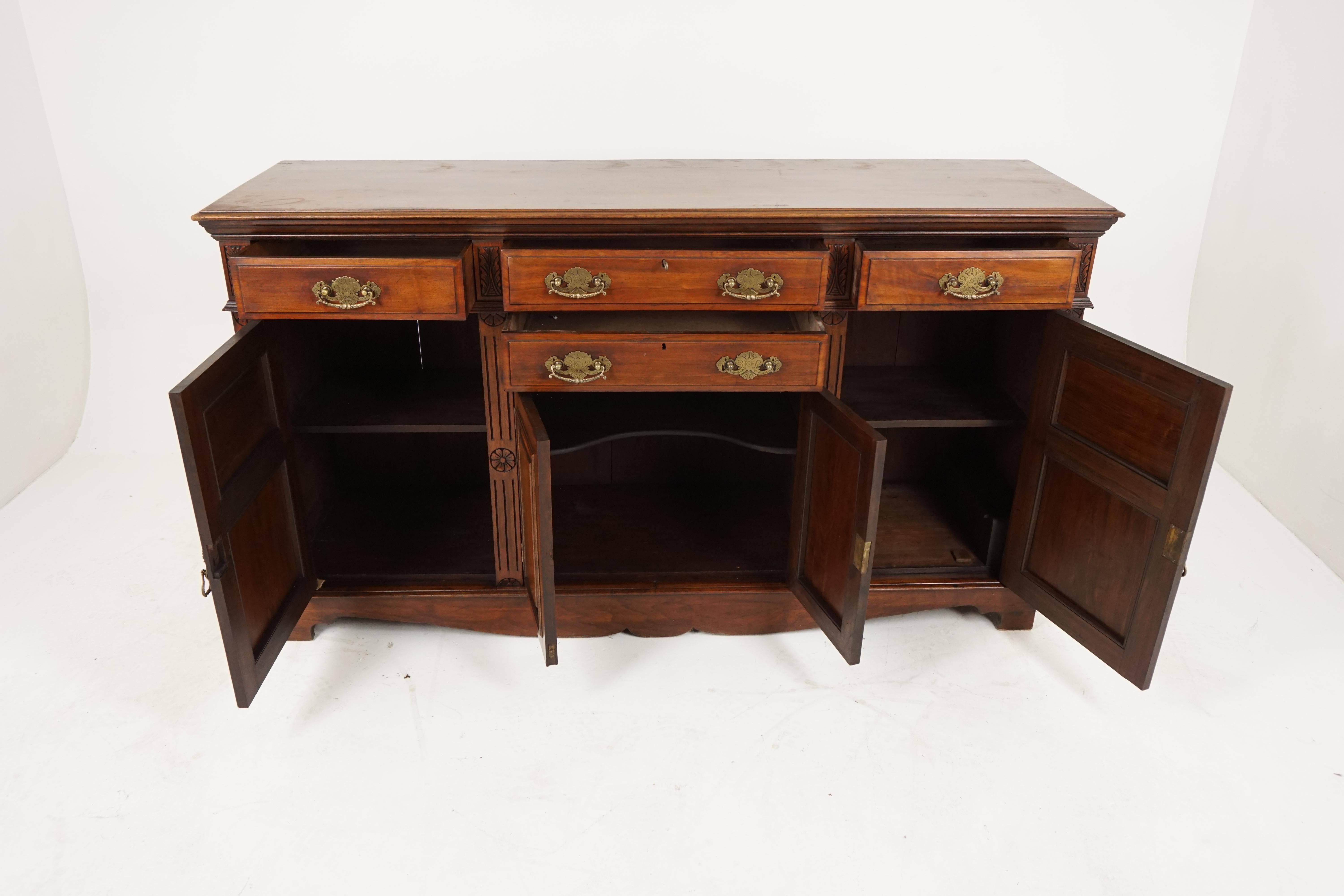 Antique Victorian sideboard, walnut buffet or dresser, Antique Furniture, Scotland 1890, B1808

Scotland 1890
Solid walnut
Original finish
Rectangular top with moulded edge
The center of the sideboard has two long drawers with a pair of