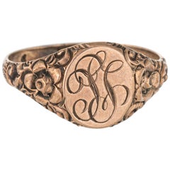 Antique Victorian Signet Ring 10 Karat Rose Gold Vintage Fine Jewelry Chased