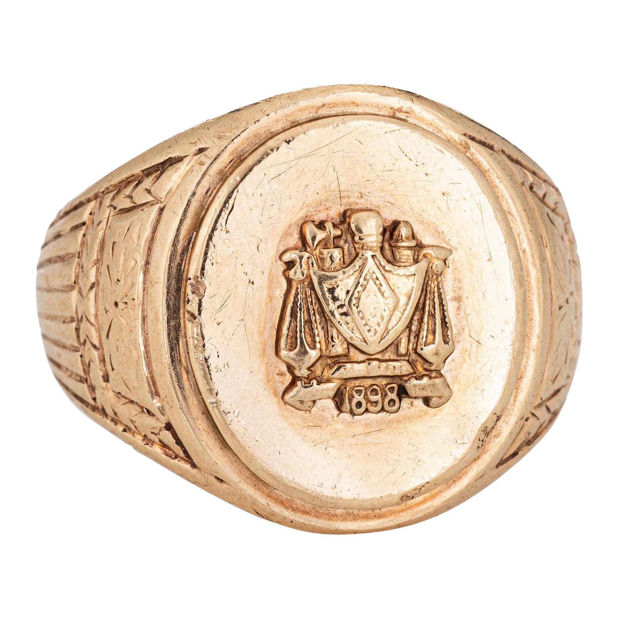 Antico anello vittoriano con sigillo Stemma di famiglia circa 1898 in oro giallo 10k da uomo