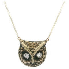 Antique Victorian Silver & 14k Gold Owl's Head Pendant Necklace w/ Diamond Eyes