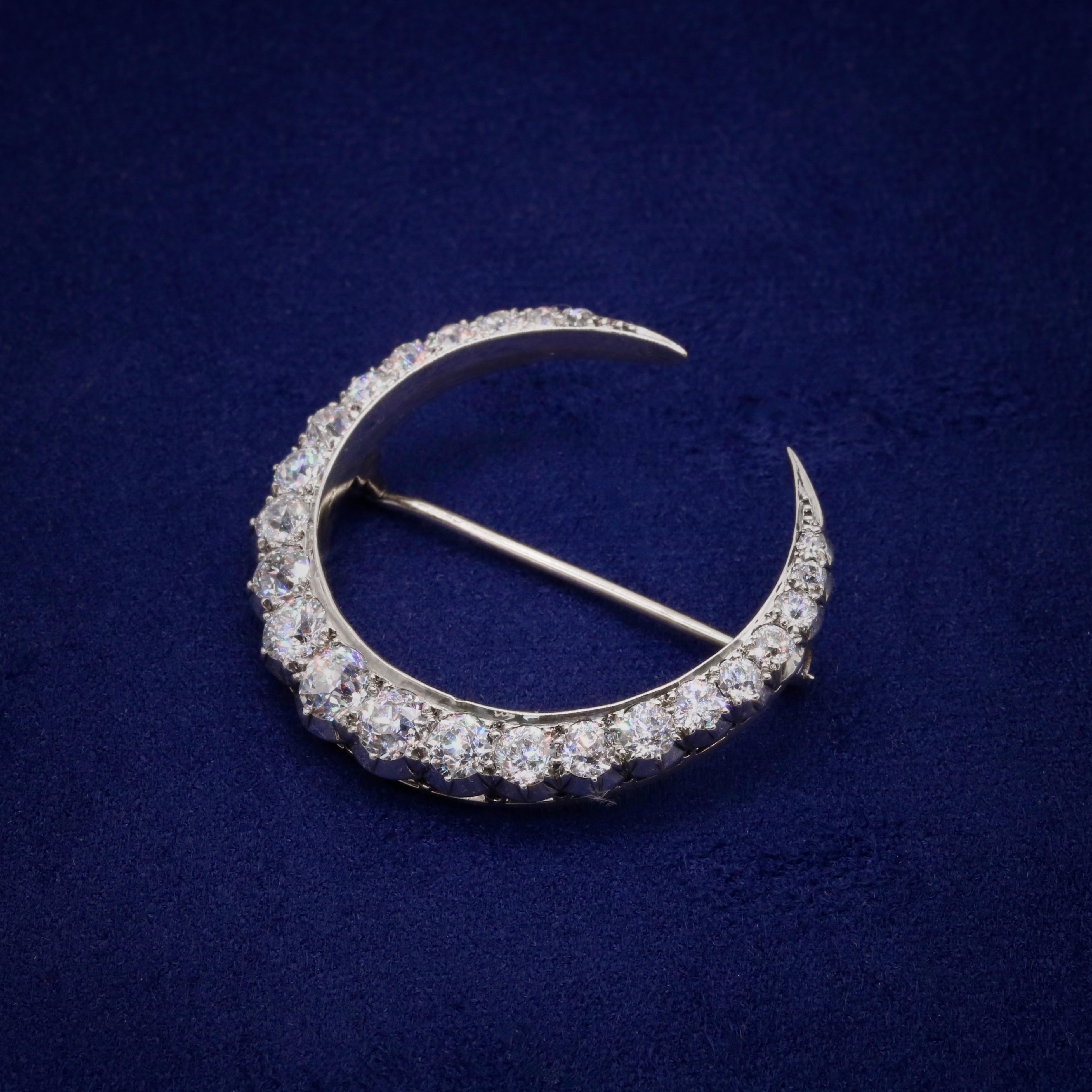 Old European Cut Antique Victorian Silver 4.93ctw Old Cut Diamond Crescent Moon Brooch For Sale