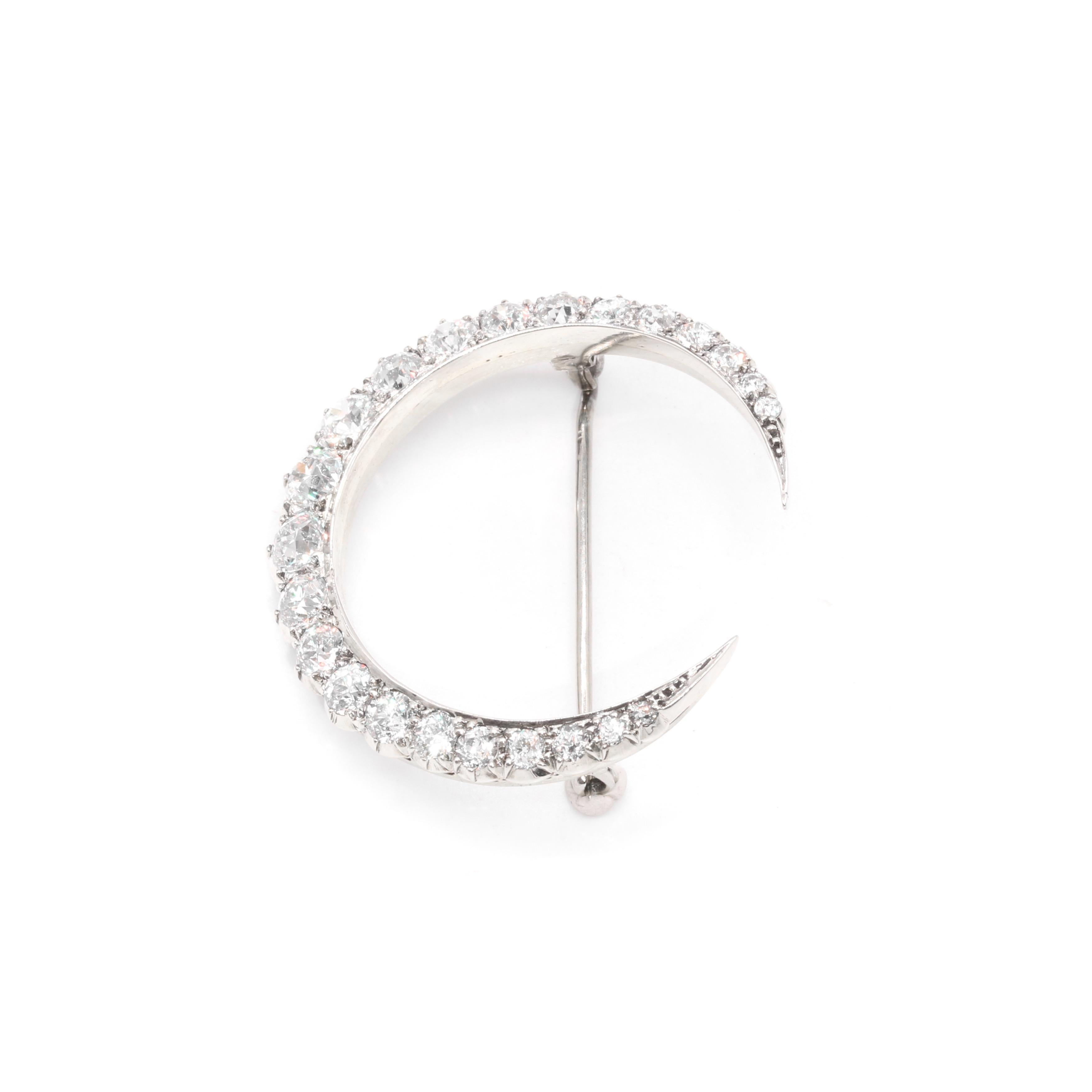 Women's or Men's Antique Victorian Silver 4.93ctw Old Cut Diamond Crescent Moon Brooch For Sale
