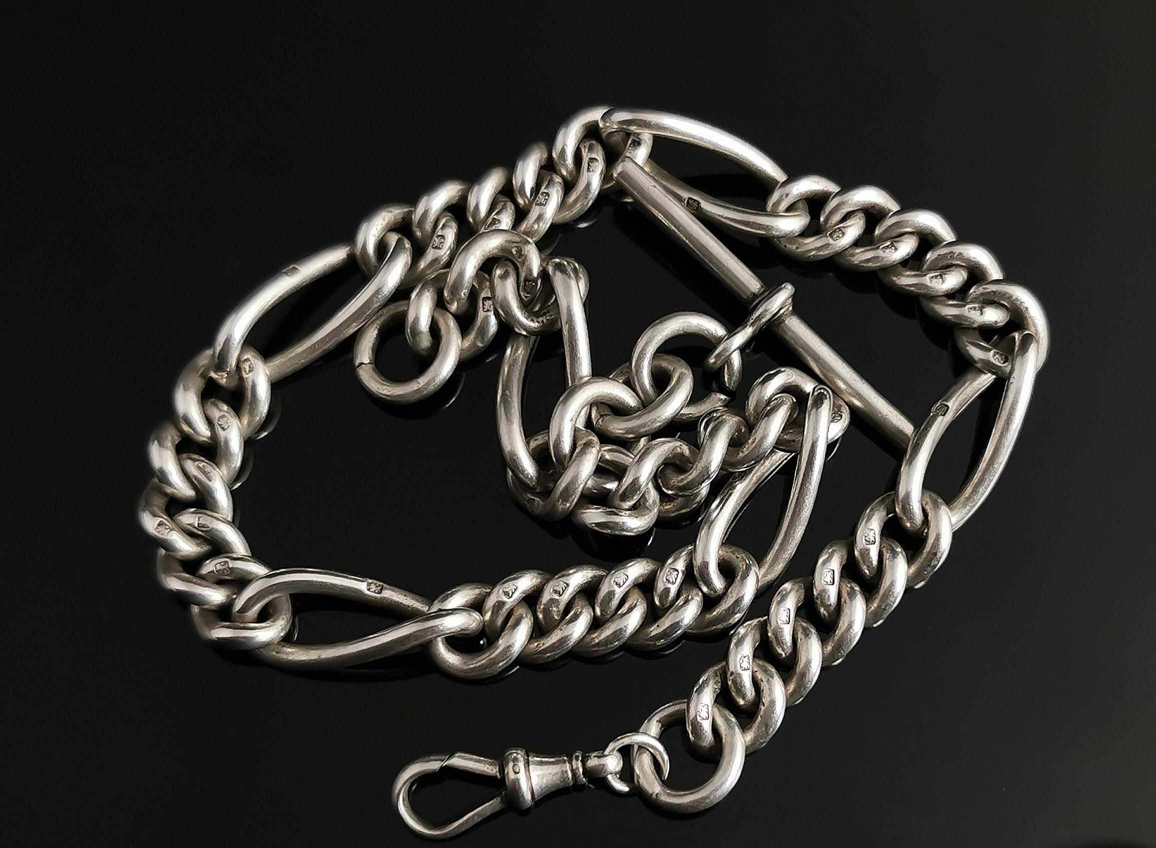 Antique Victorian Silver Albert Chain, Fetter Link, Watch Chain 8
