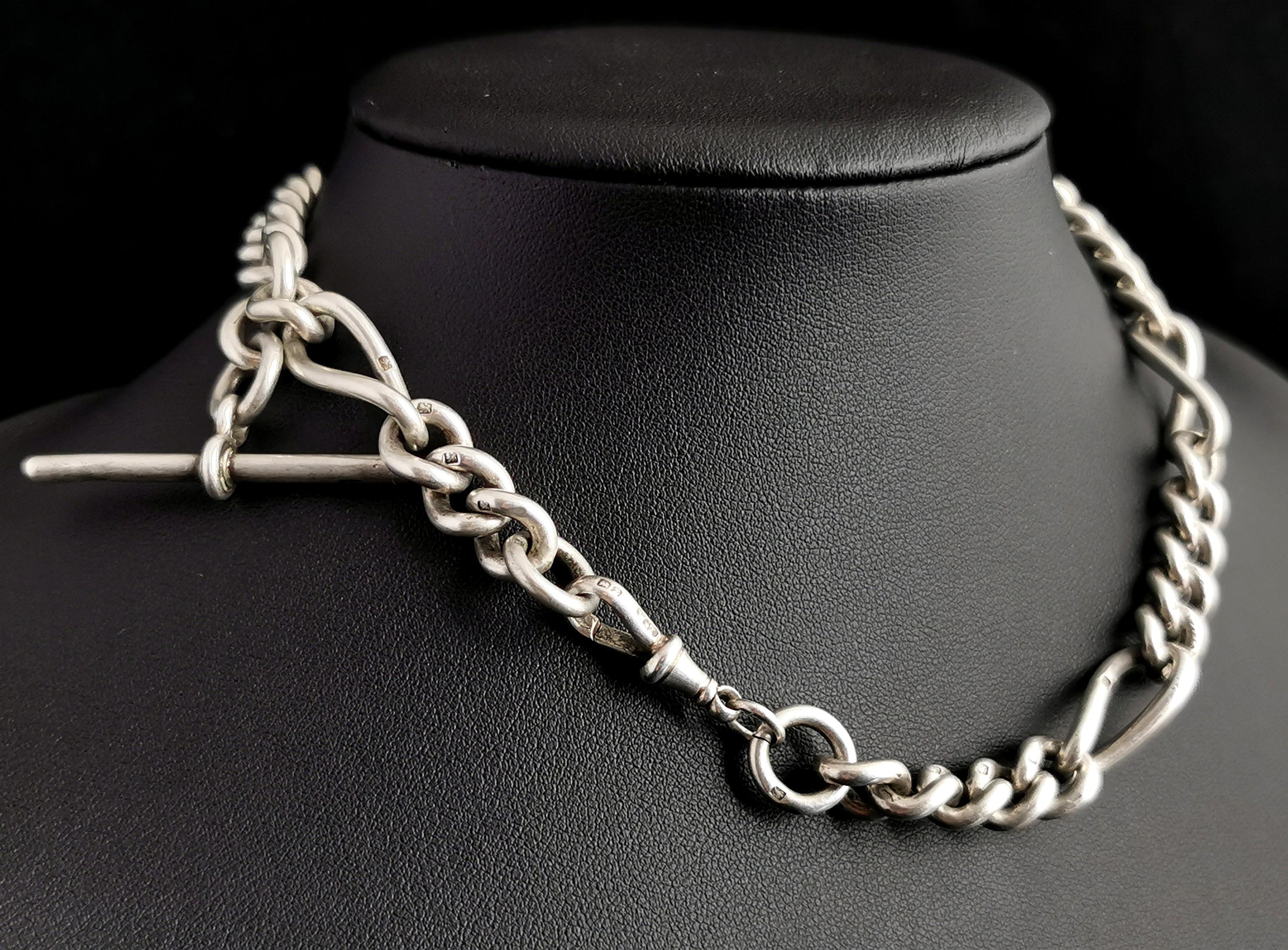 Women's or Men's Antique Victorian Silver Albert Chain, Fetter Link, Watch Chain