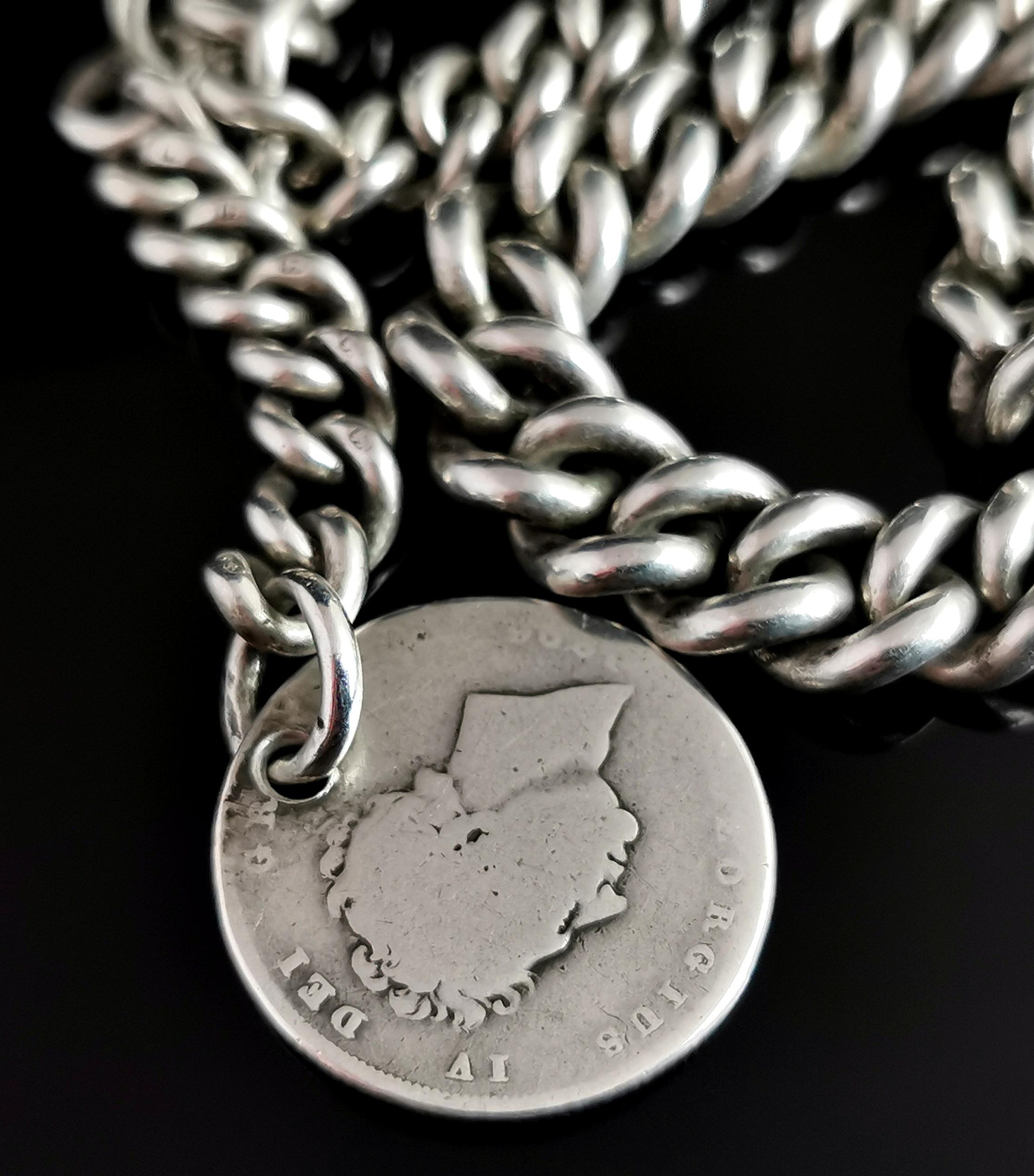 Women's or Men's Antique Victorian Silver Albert Chain, Heavy Watch Chain, Coin Fob