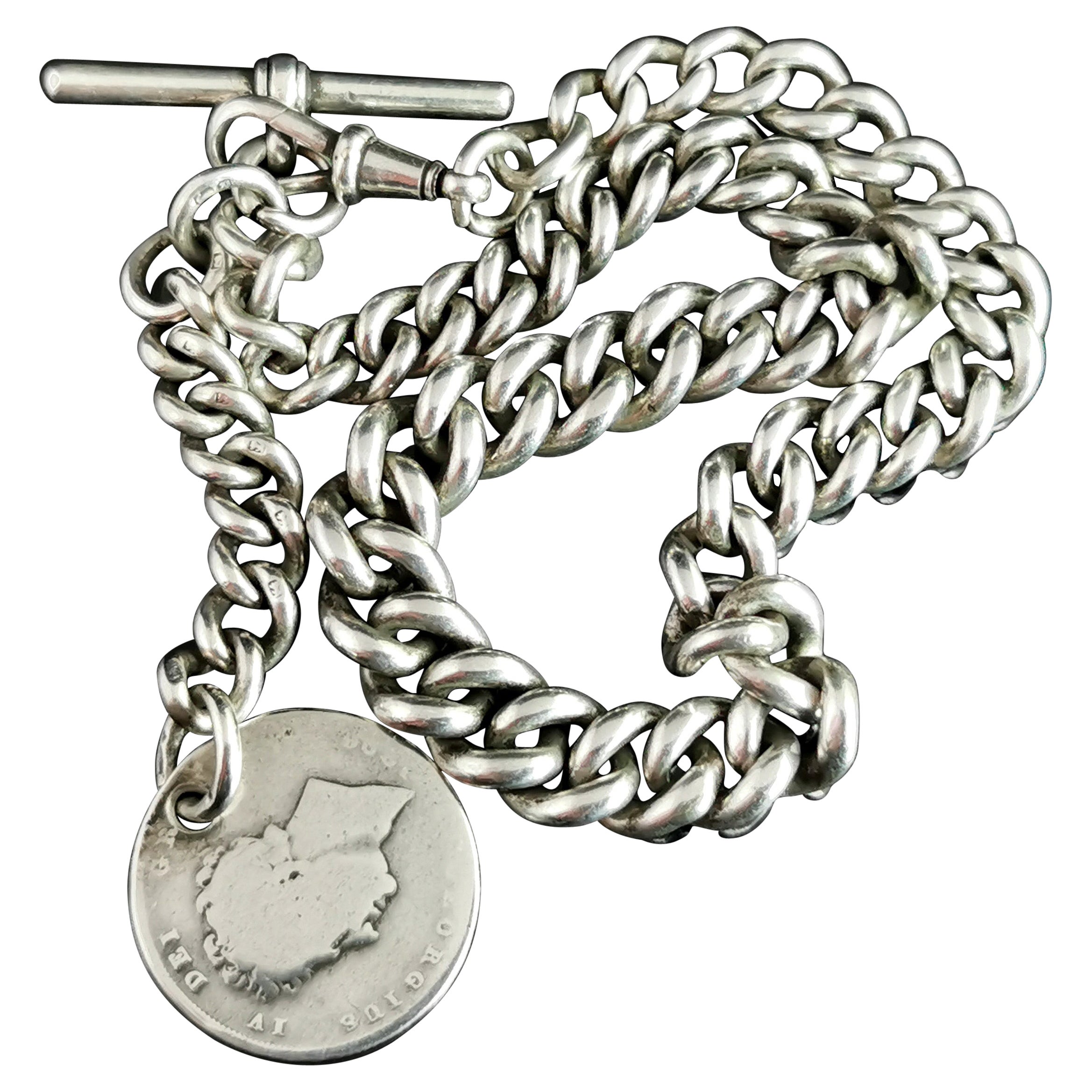 Antike viktorianische Albert-Kette aus Silber, schwere Uhrenkette, Münzzauber