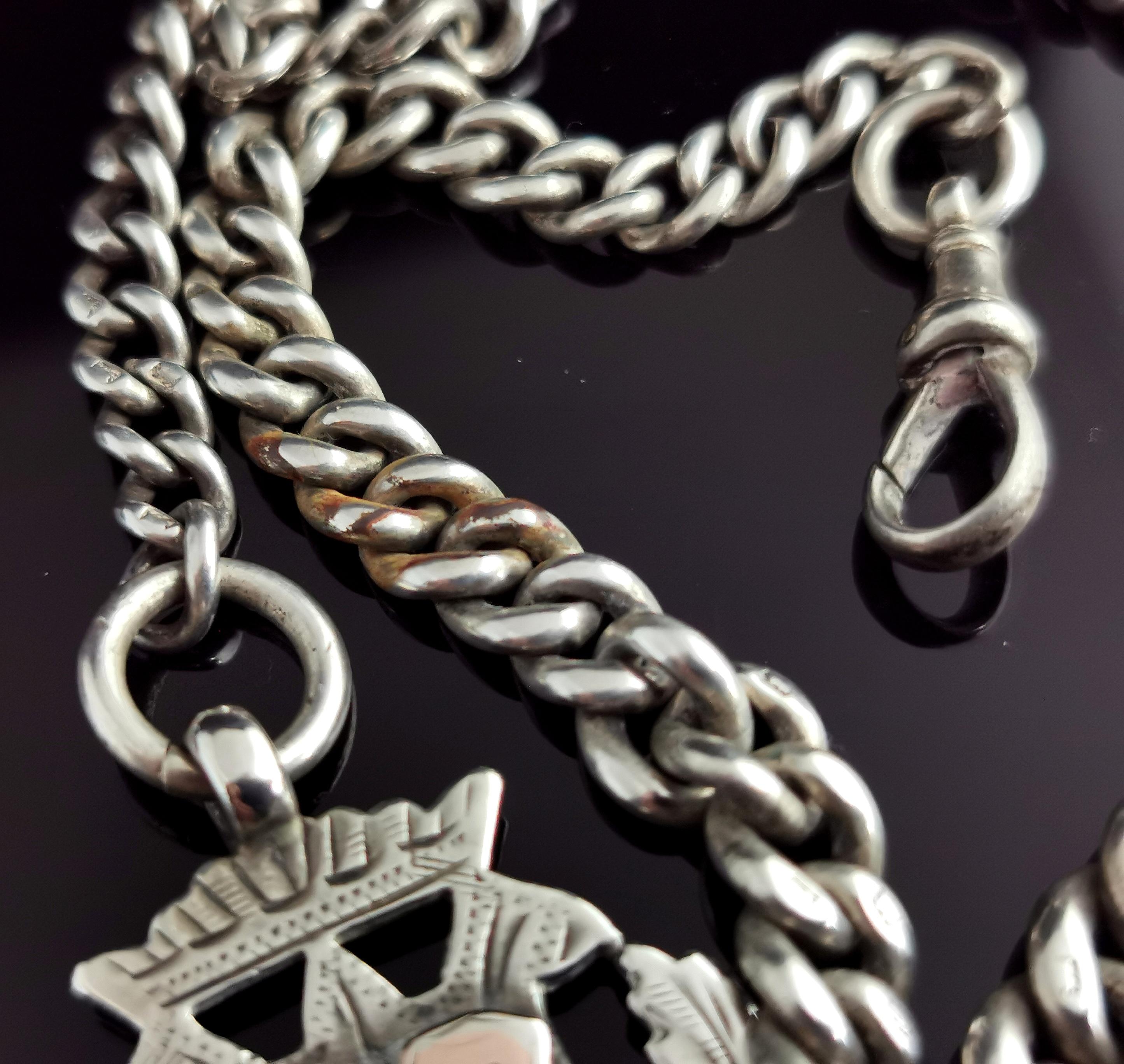 Antique Victorian Silver Albert Chain, Watch Chain, Fob 8