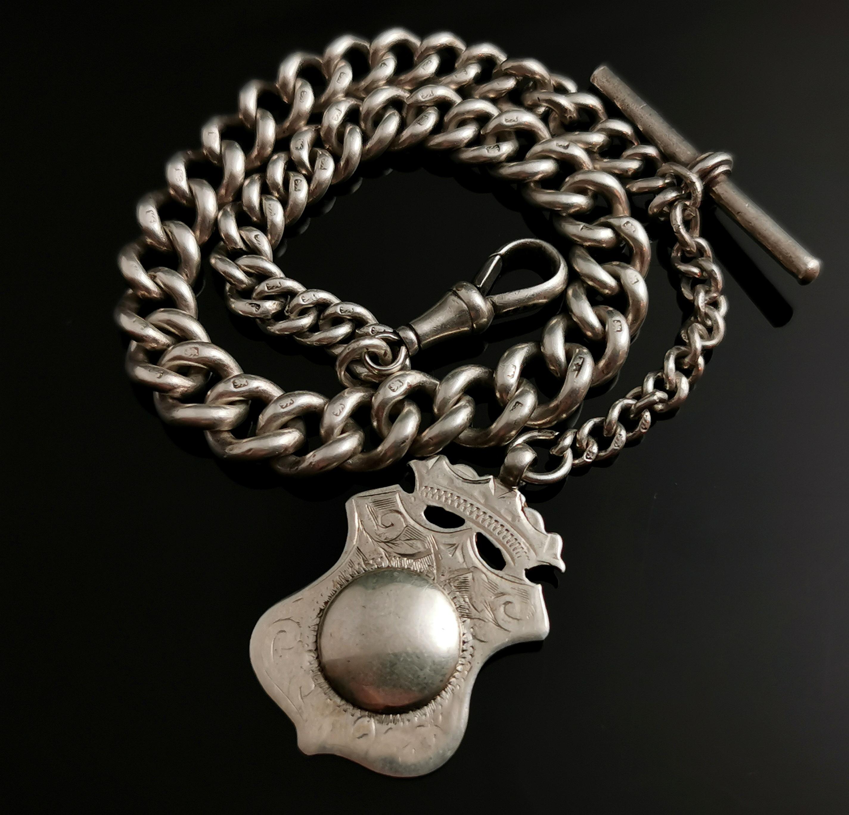Antique Victorian Silver Albert Chain, Watch Chain, Fob In Fair Condition In NEWARK, GB