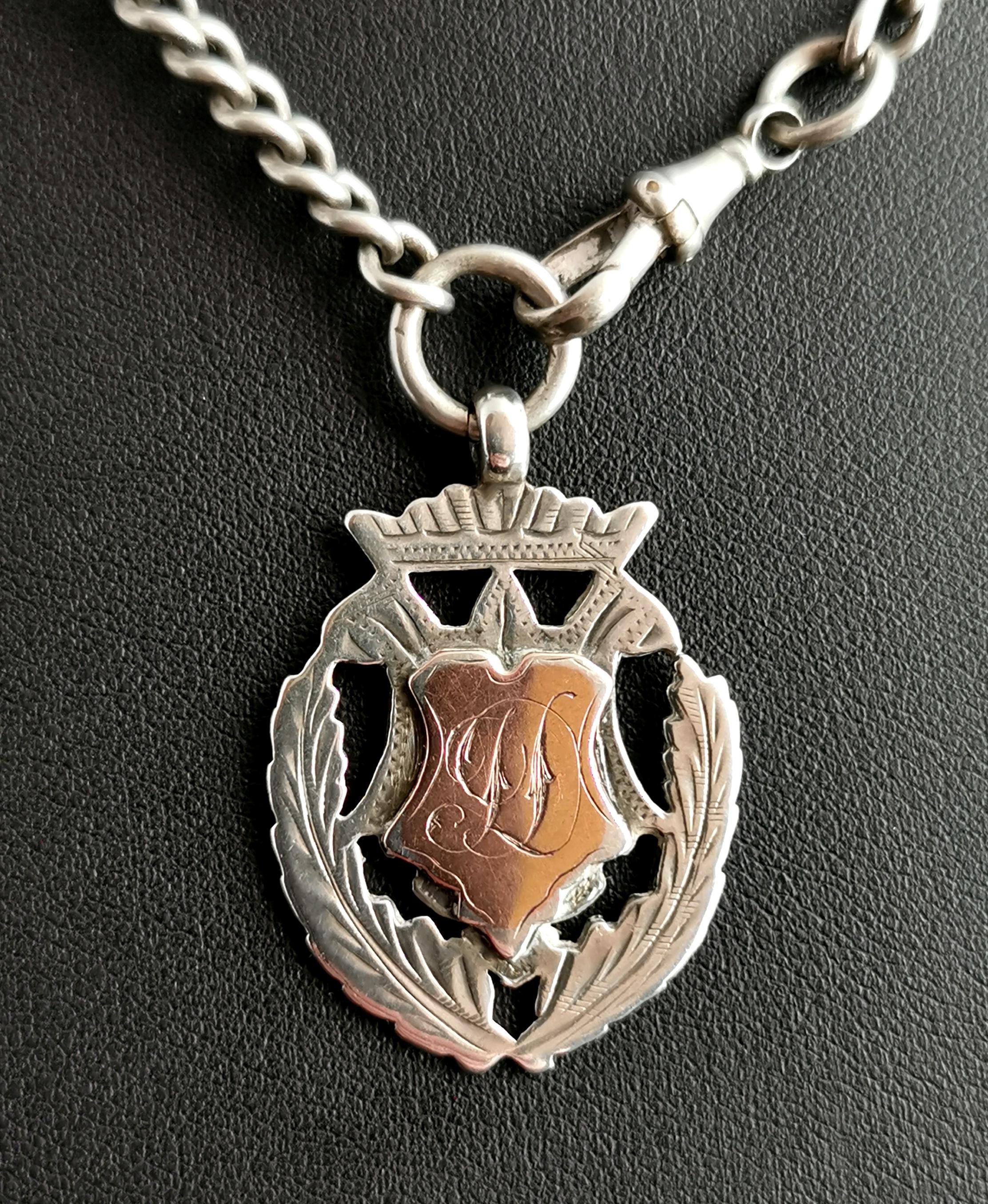 Antique Victorian Silver Albert Chain, Watch Chain, Fob In Fair Condition In NEWARK, GB