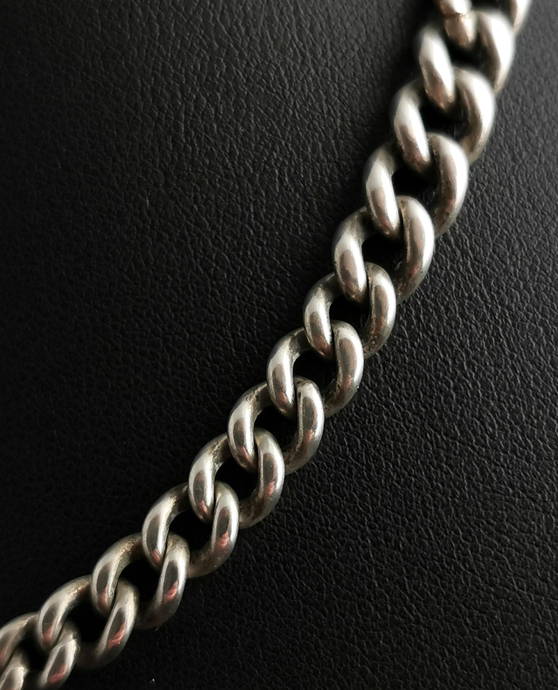 Antique Victorian Silver Albert Chain, Watch Chain, Fob 1