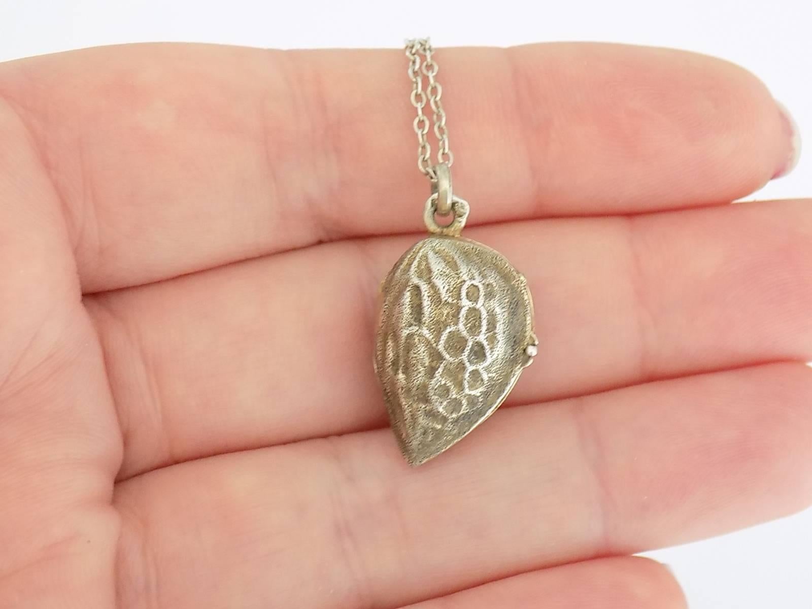 Antique Victorian Silver Almond Locket Pendant on Silver Chain Necklace 2