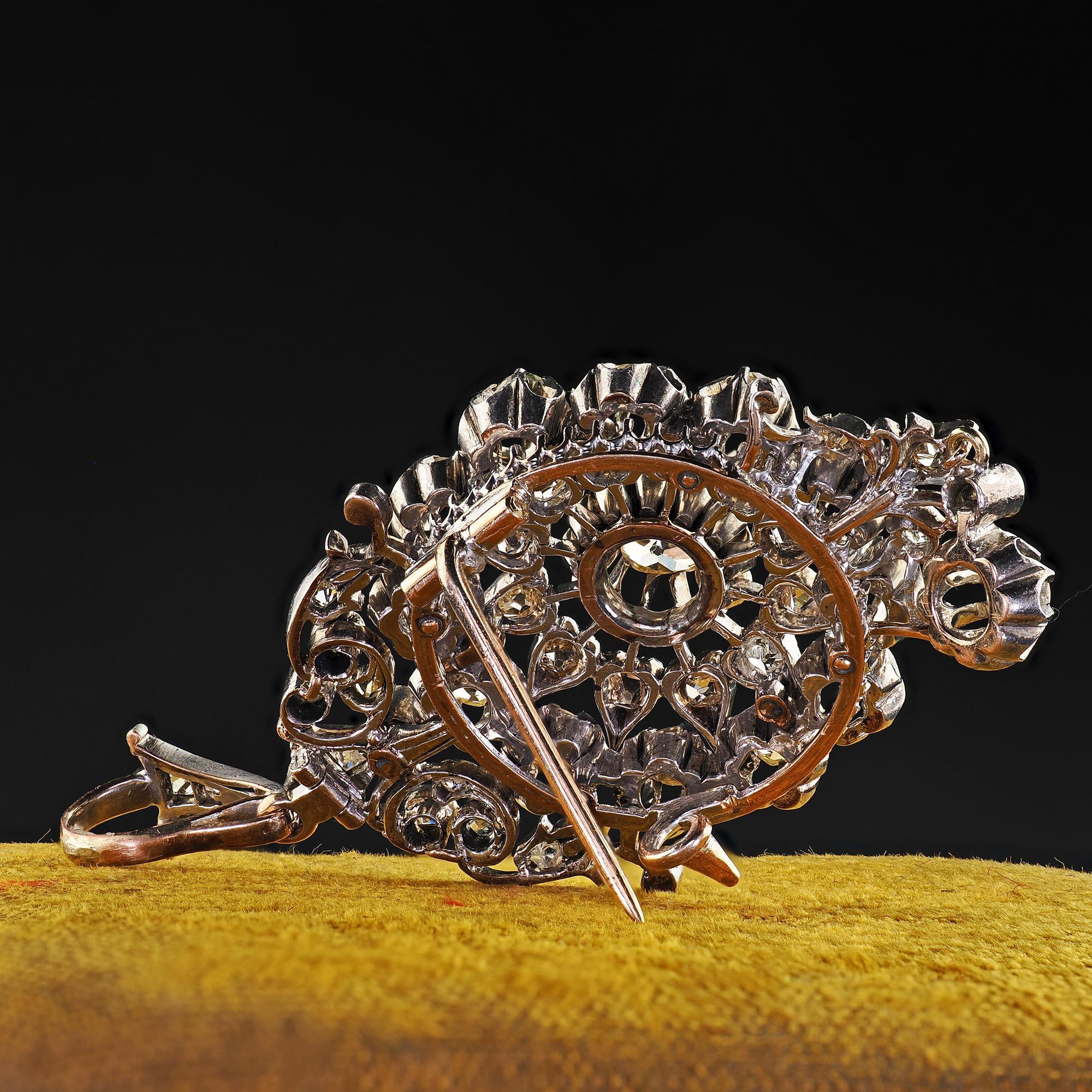 Épingle et pendentif en argent et or 14K anciens et victoriens, ornés de diamants de la vieille mine en vente 2