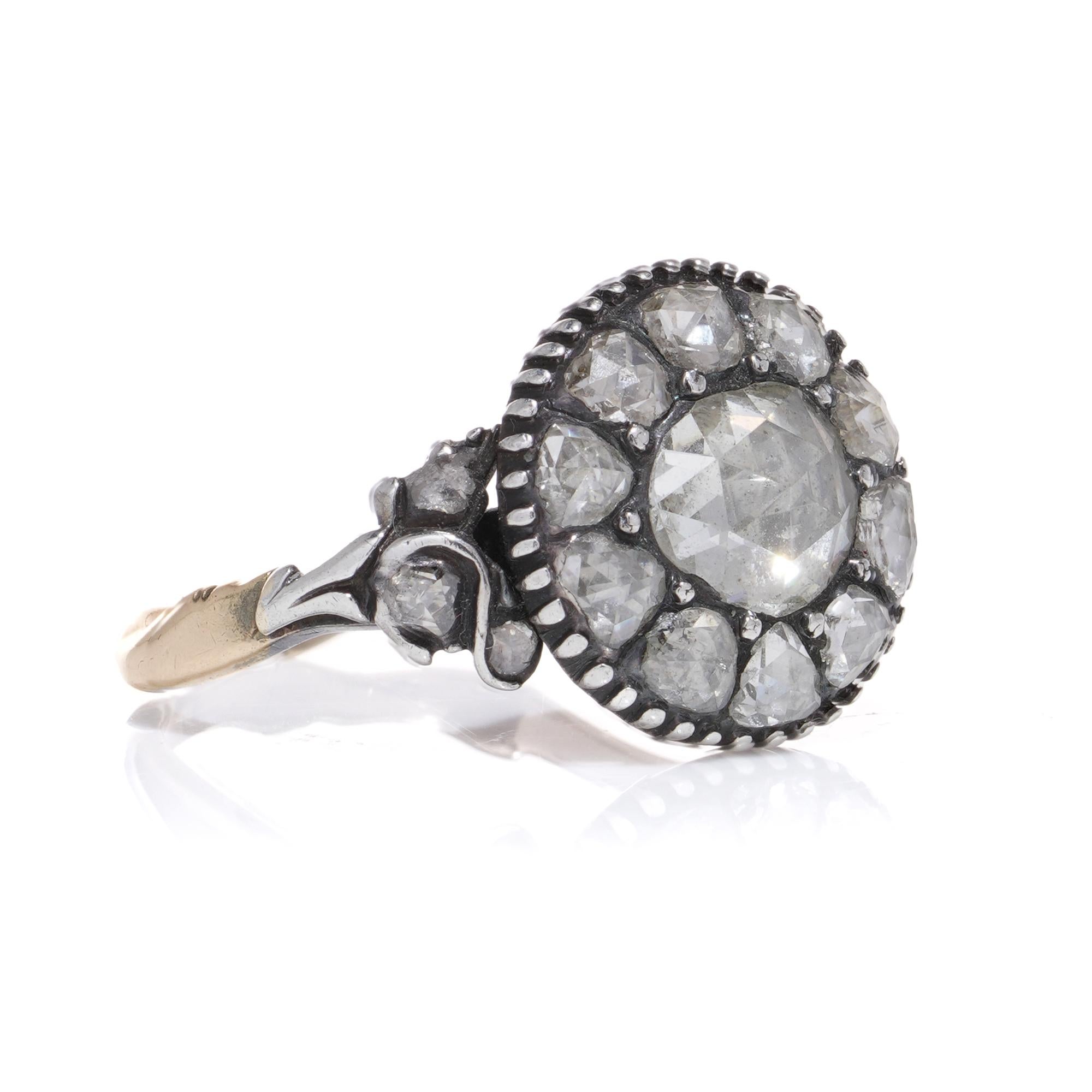 Rose Cut Antique Victorian silver and 9kt gold rose - cut diamond cluster ring For Sale