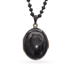 Antique Victorian Silver and Enamel Pearl Locket with Jet Bead Mourning Necklace