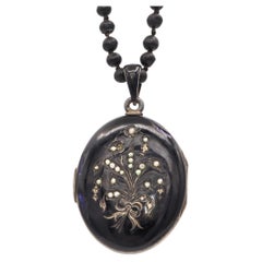 Antique Victorian Silver and Enamel Pearl Locket with Jet Bead Mourning Necklace