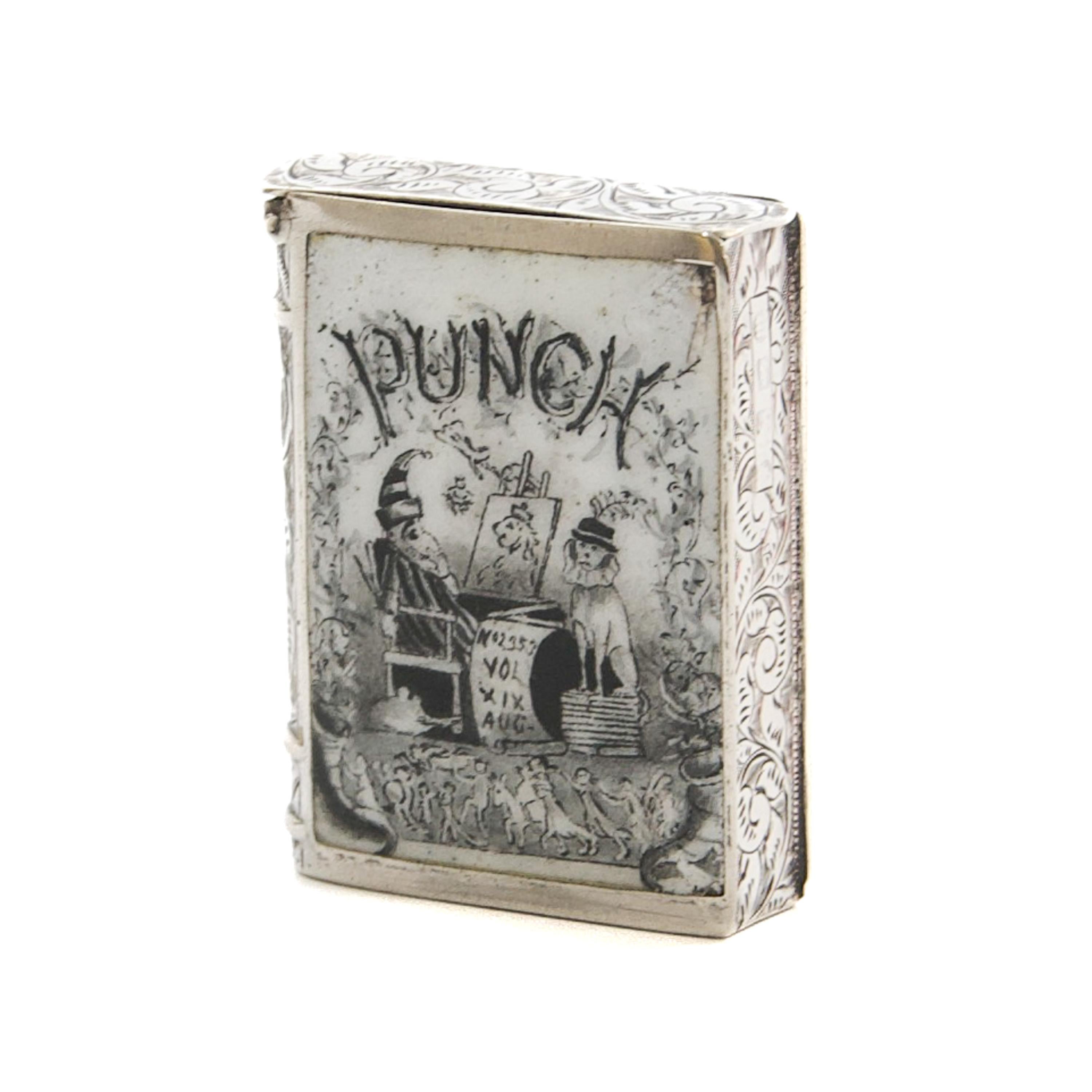 Antique Victorian Silver and Enamel “Punch” Vesta Case, Circa 1890 In Good Condition For Sale In Rotterdam, NL