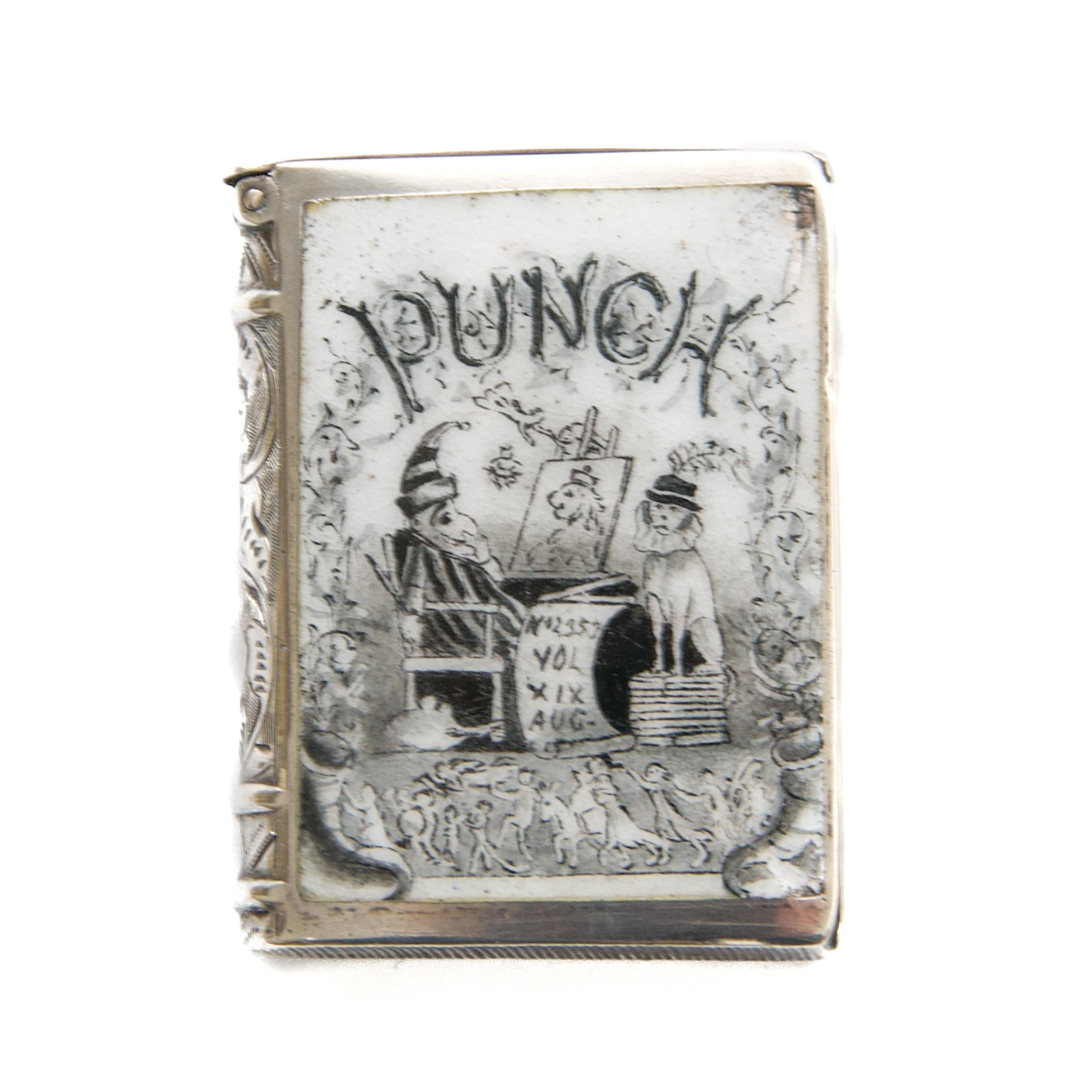 Antique Victorian Silver and Enamel “Punch” Vesta Case, Circa 1890 For Sale 3