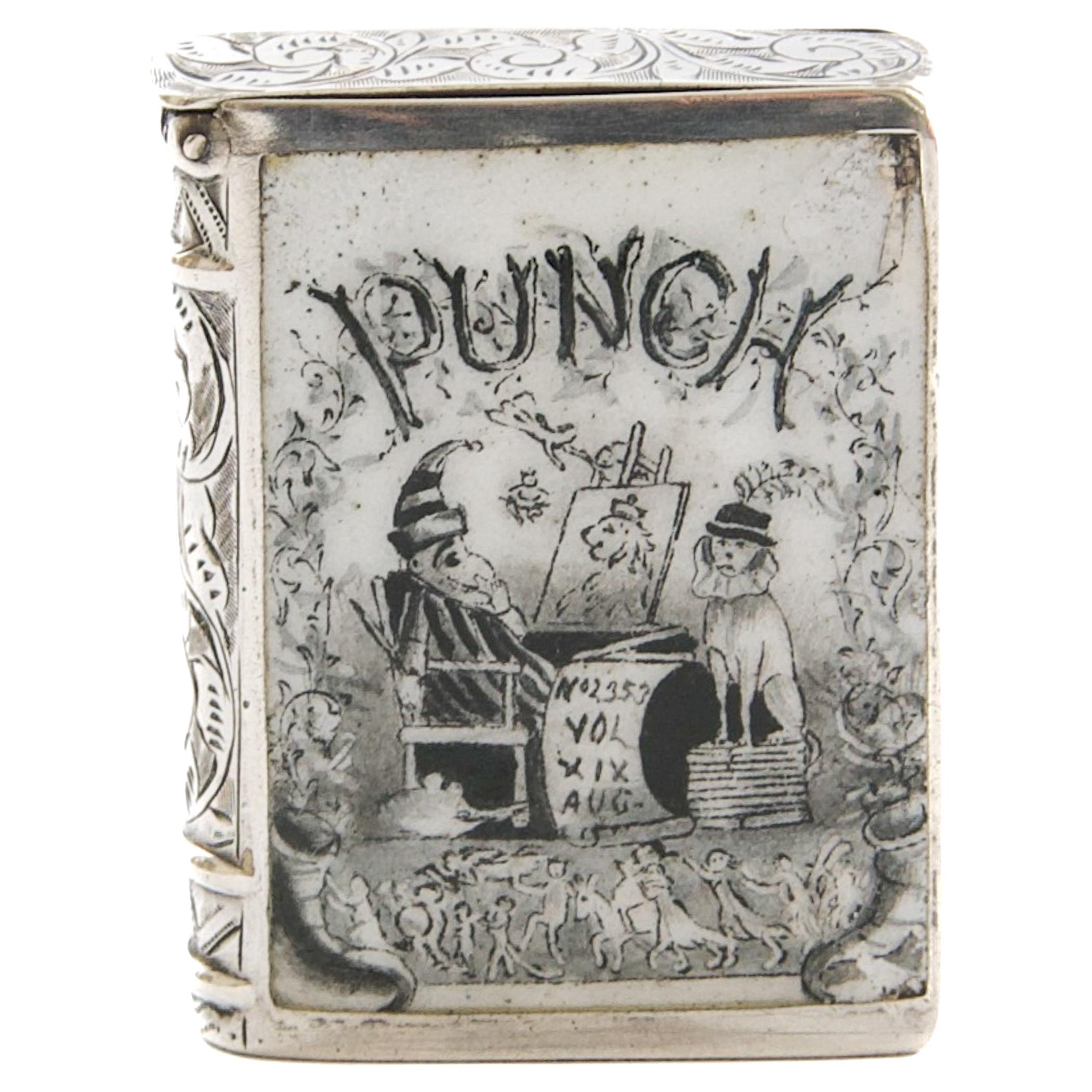 Antiguo estuche victoriano de plata y esmalte "Punch" Vesta, circa 1890