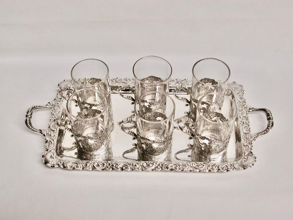 English Antique Victorian Silver and Glass Liqueur Set on Tray in Fitted Box, 1894
