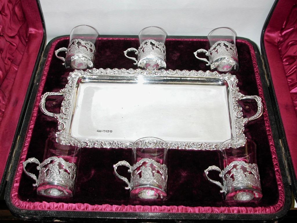 Sterling Silver Antique Victorian Silver and Glass Liqueur Set on Tray in Fitted Box, 1894