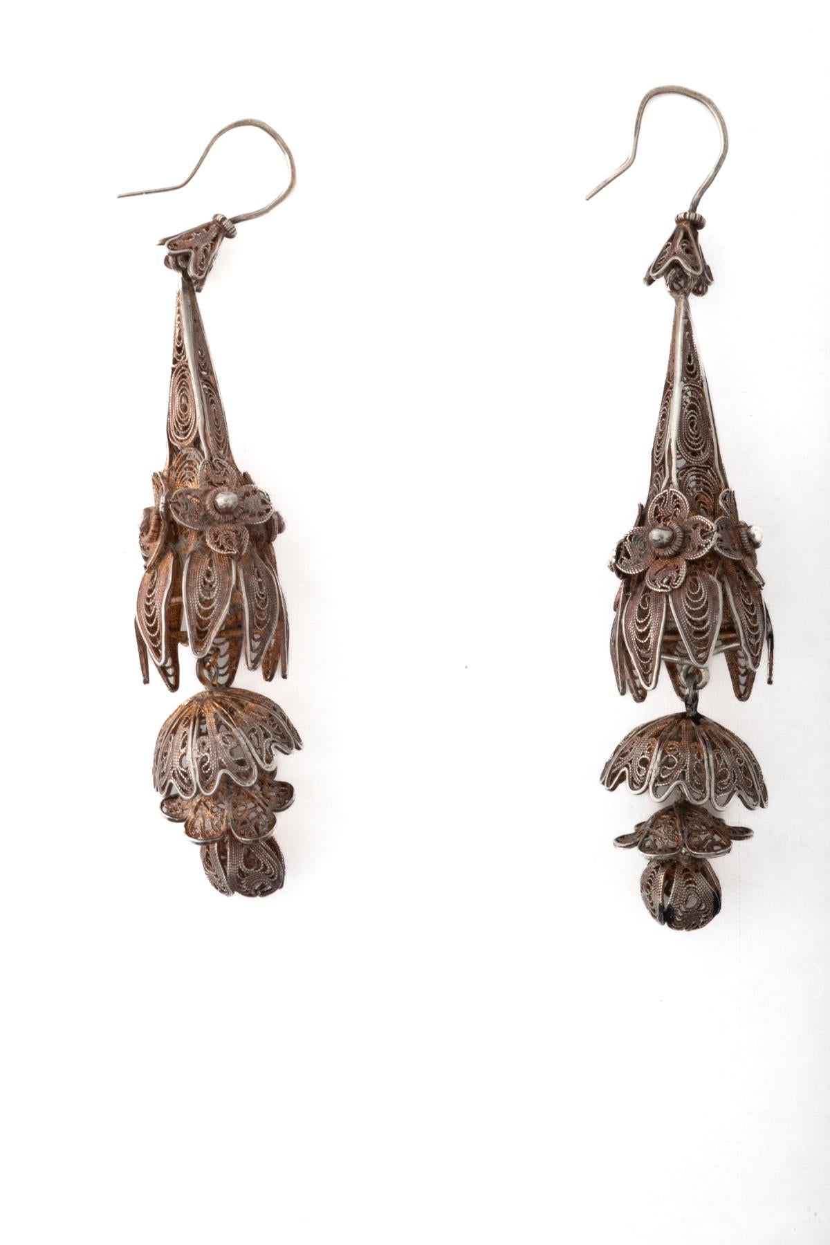Women's or Men's Antique Victorian Silver and Gold Washed Filigree Earrings For Sale