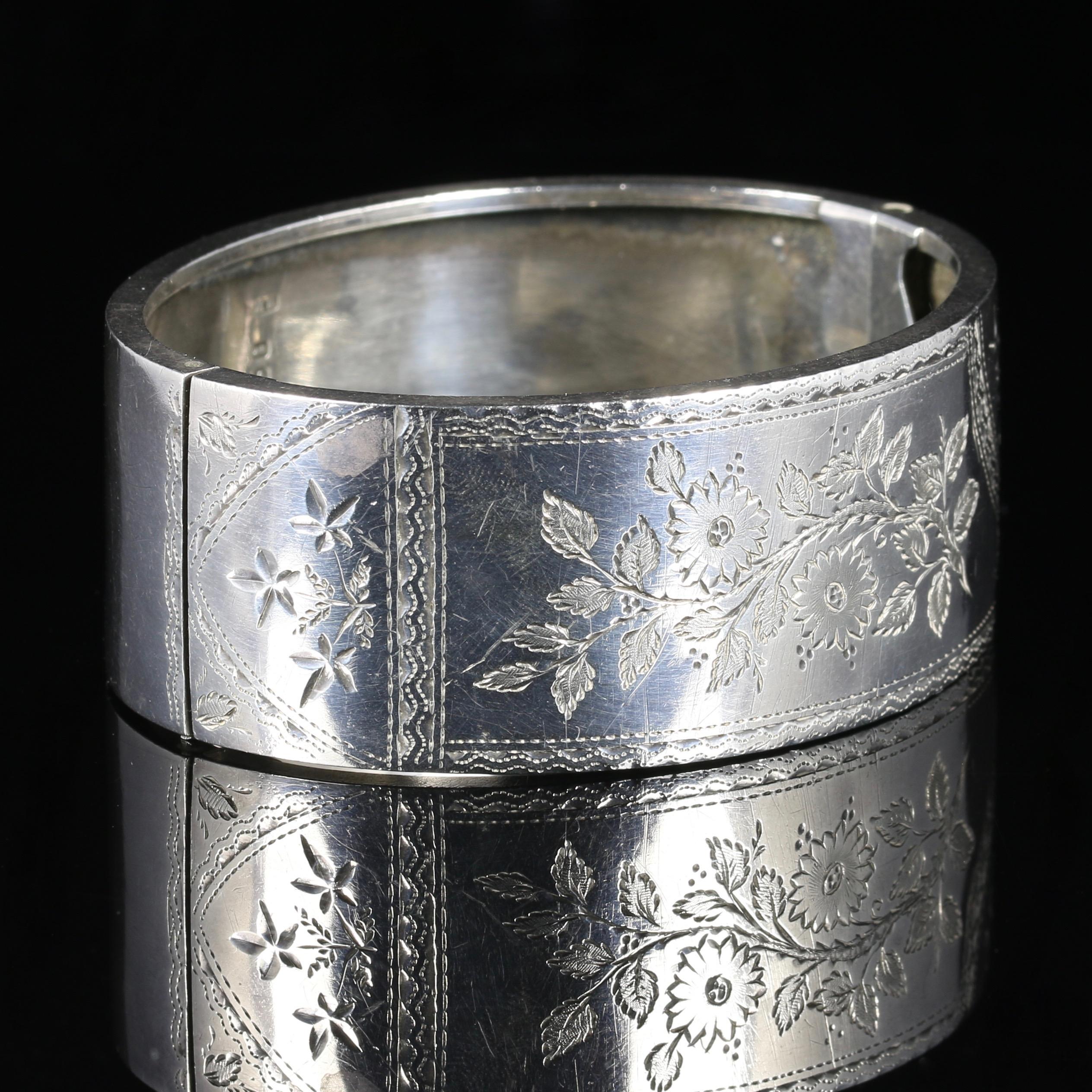 Women's Antique Victorian Silver Bangle Forget Me Nots, Dated 1893