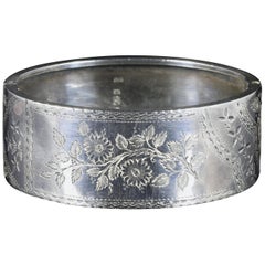 Antique Victorian Silver Bangle Forget Me Nots, Dated 1893
