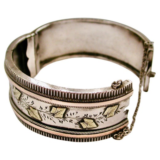 Antique Victorian Silver Bangle With 2 Colour Gold-Work Circa 1880