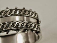 Antique Victorian Silver Bangle with Etruscian Style Banding, Side Beadwork 1885