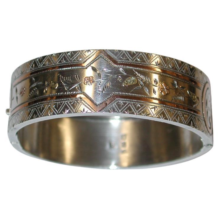 Antique Victorian Silver Bangle With Two Colour Gold-Work, Dated 1883 In Good Condition For Sale In London, GB