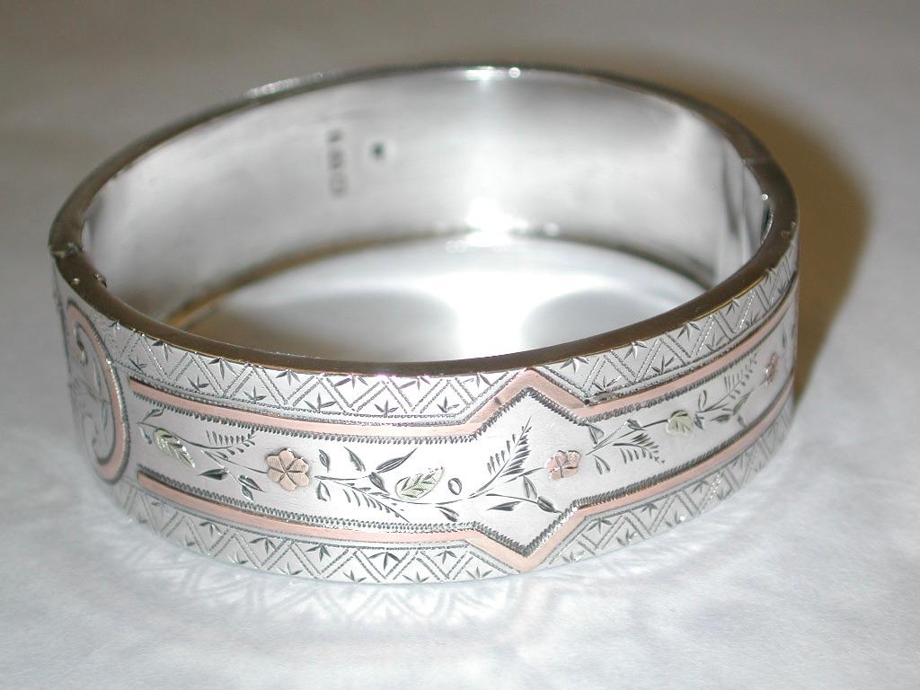 Women's Antique Victorian Silver Bangle With Two Colour Gold-Work, Dated 1883 For Sale