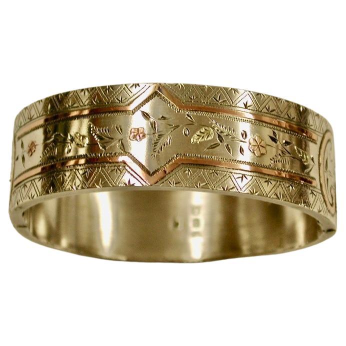 Antique Victorian Silver Bangle With Two Colour Gold-Work,Dated 1883
Very pretty silver bangle with applied yellow and pink goldwork decoration
Assayed in Birmingham