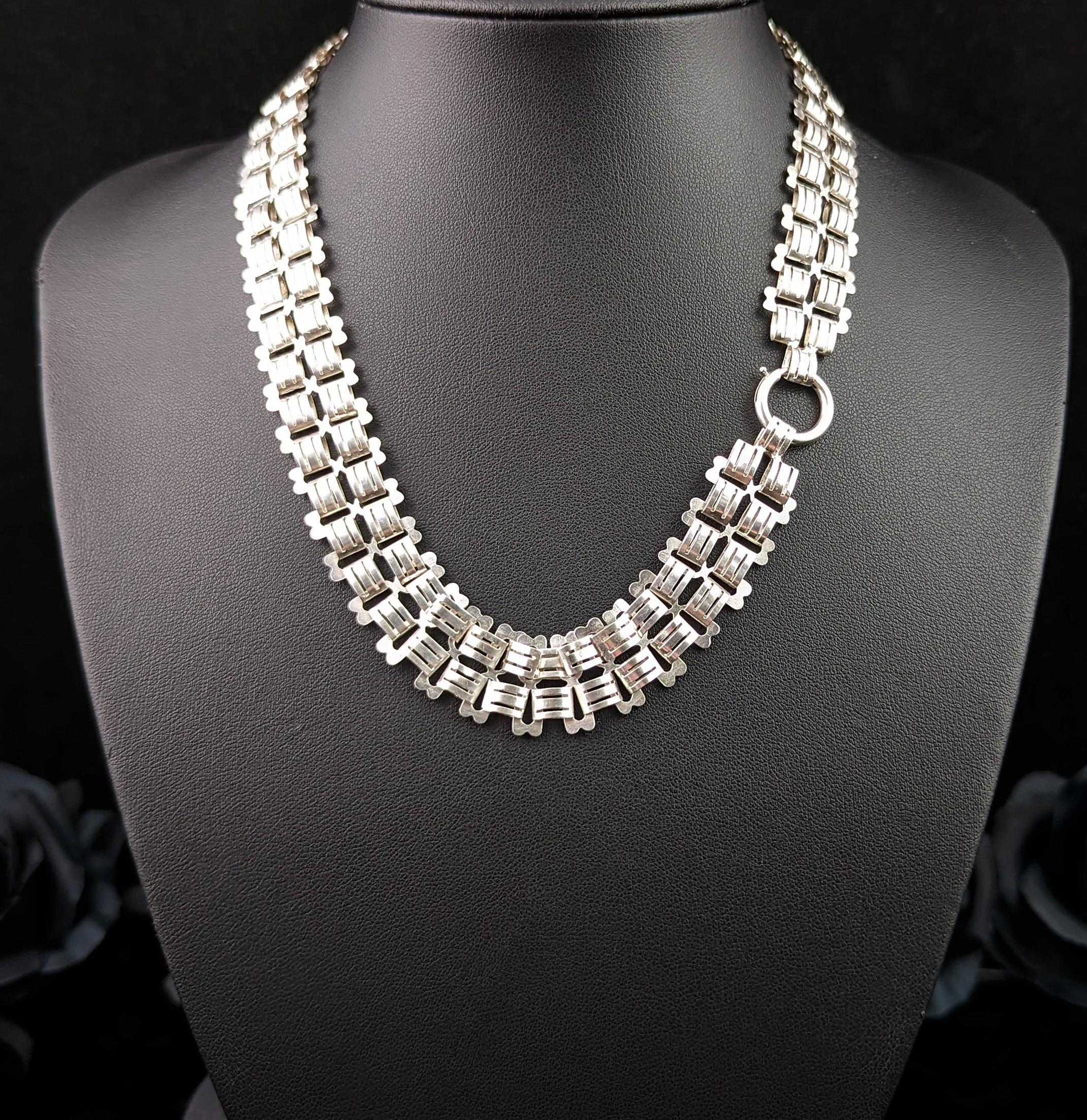 You can't go wrong with an antique silver book chain necklace, this is such a highly sought after design and an absolute must have for any antique jewellery lover.

This is a gorgeous piece with wide double link style, punched rectangular links