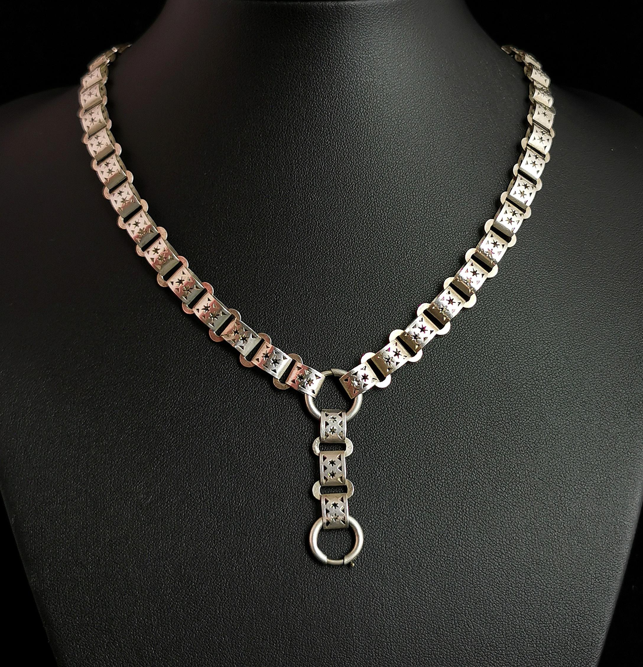 A beautiful antique, Victorian, Aesthetic era book chain necklace.

This is a gorgeous piece with star punched chunky links and an extra y drop.

This short extender which when attached gives the necklace a Y shape, can be used for adding a pendant