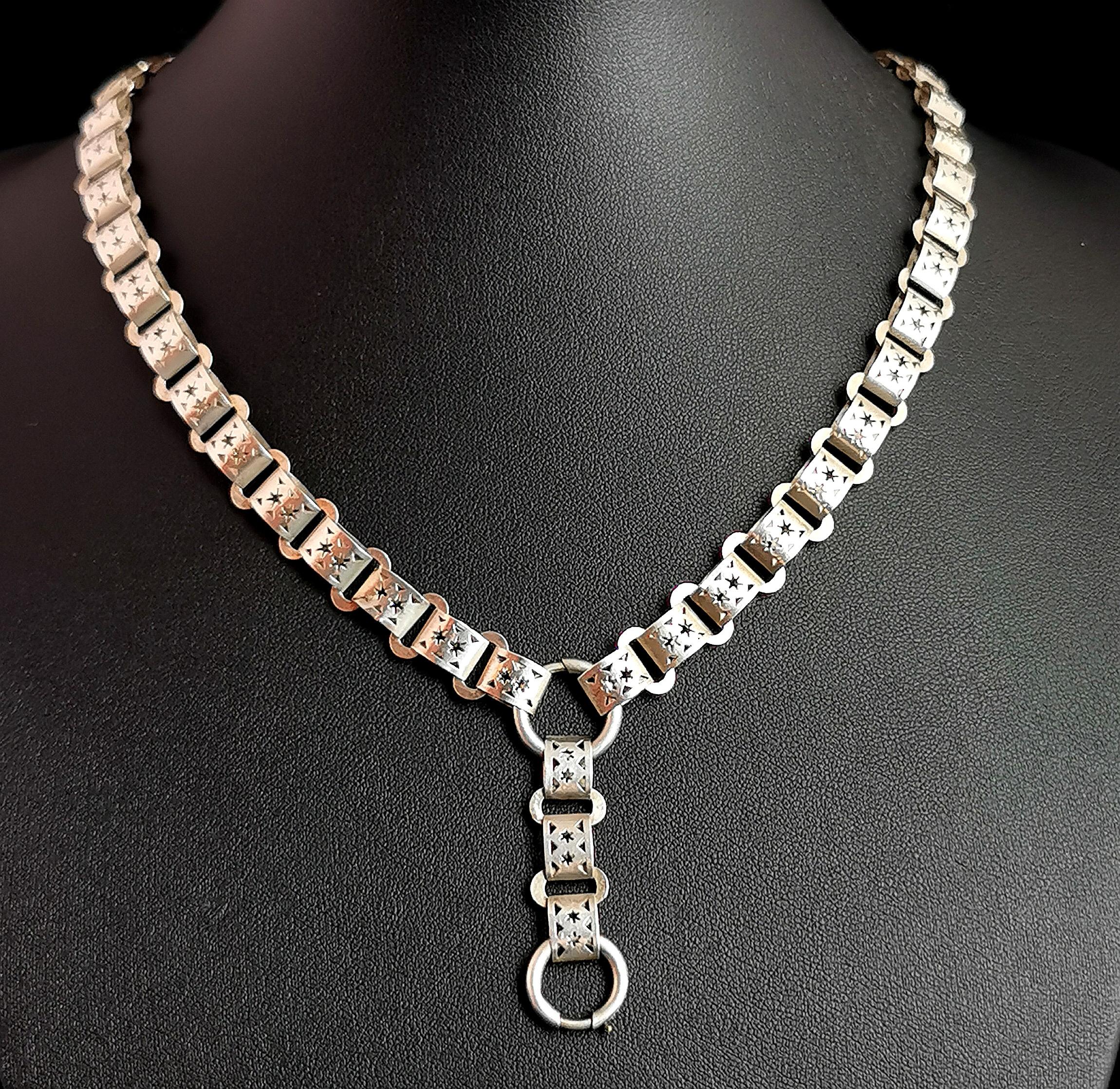 Antique Victorian silver book chain necklace, star links In Fair Condition In NEWARK, GB