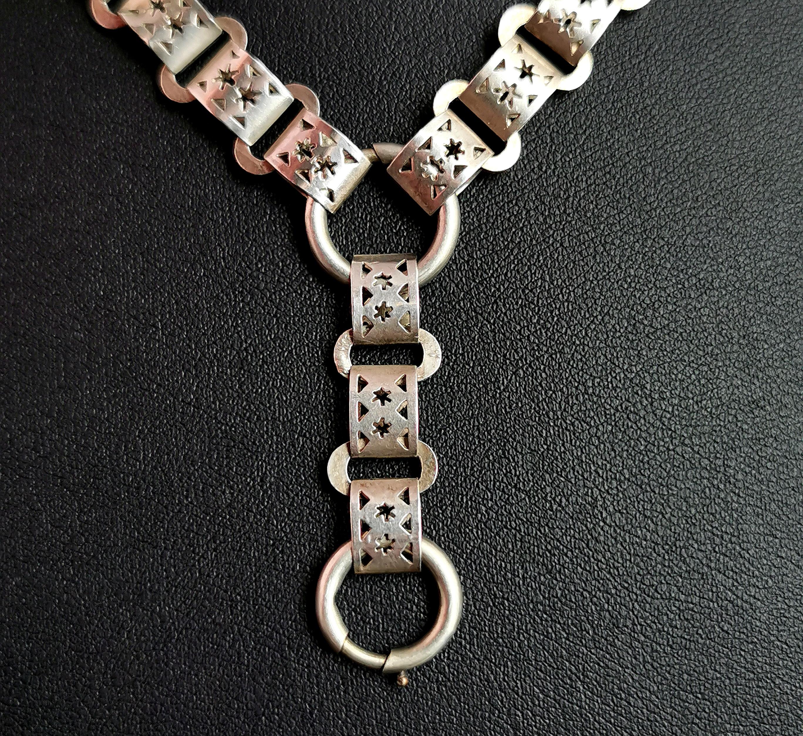 Women's Antique Victorian silver book chain necklace, star links