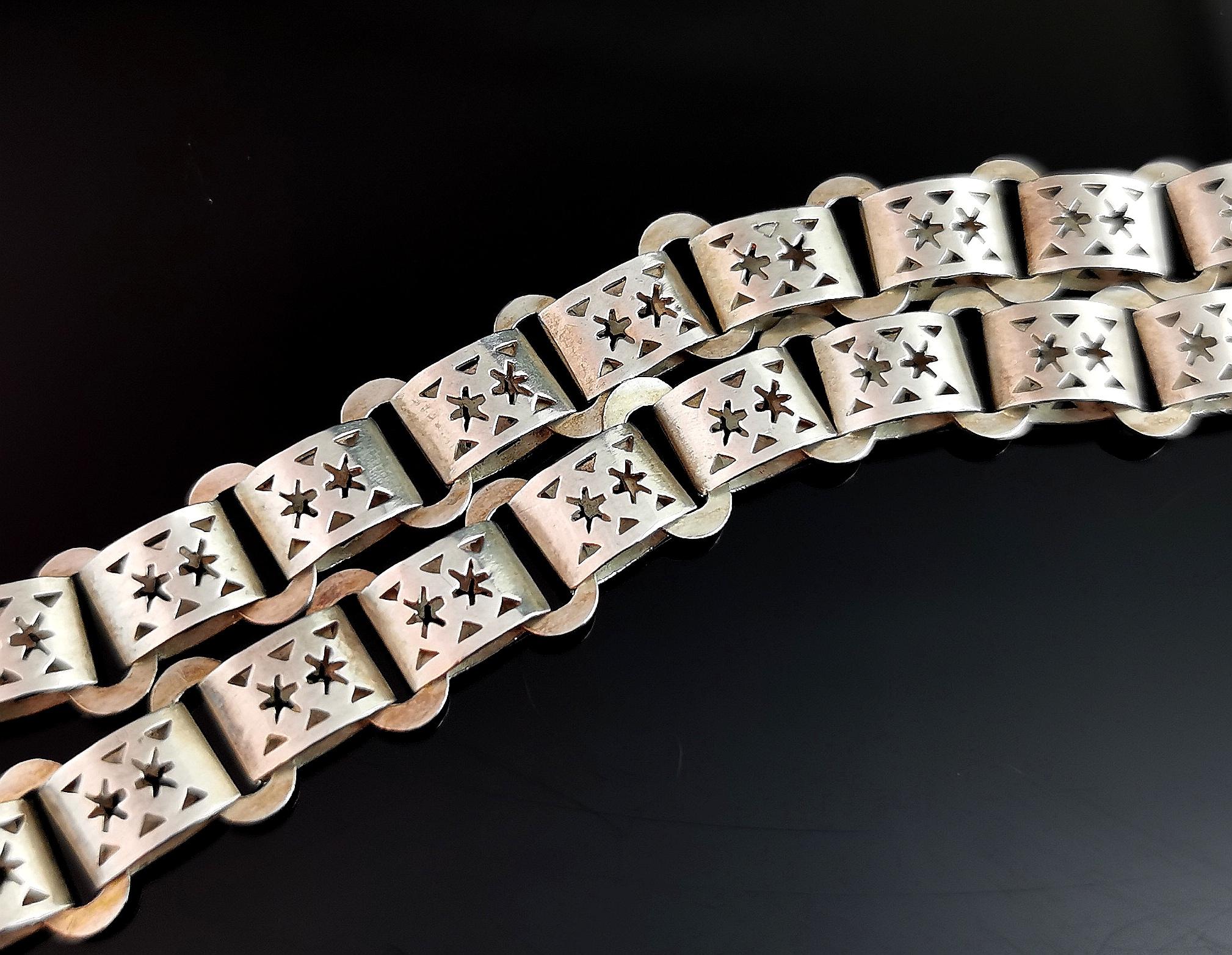 Antique Victorian silver book chain necklace, star links 1