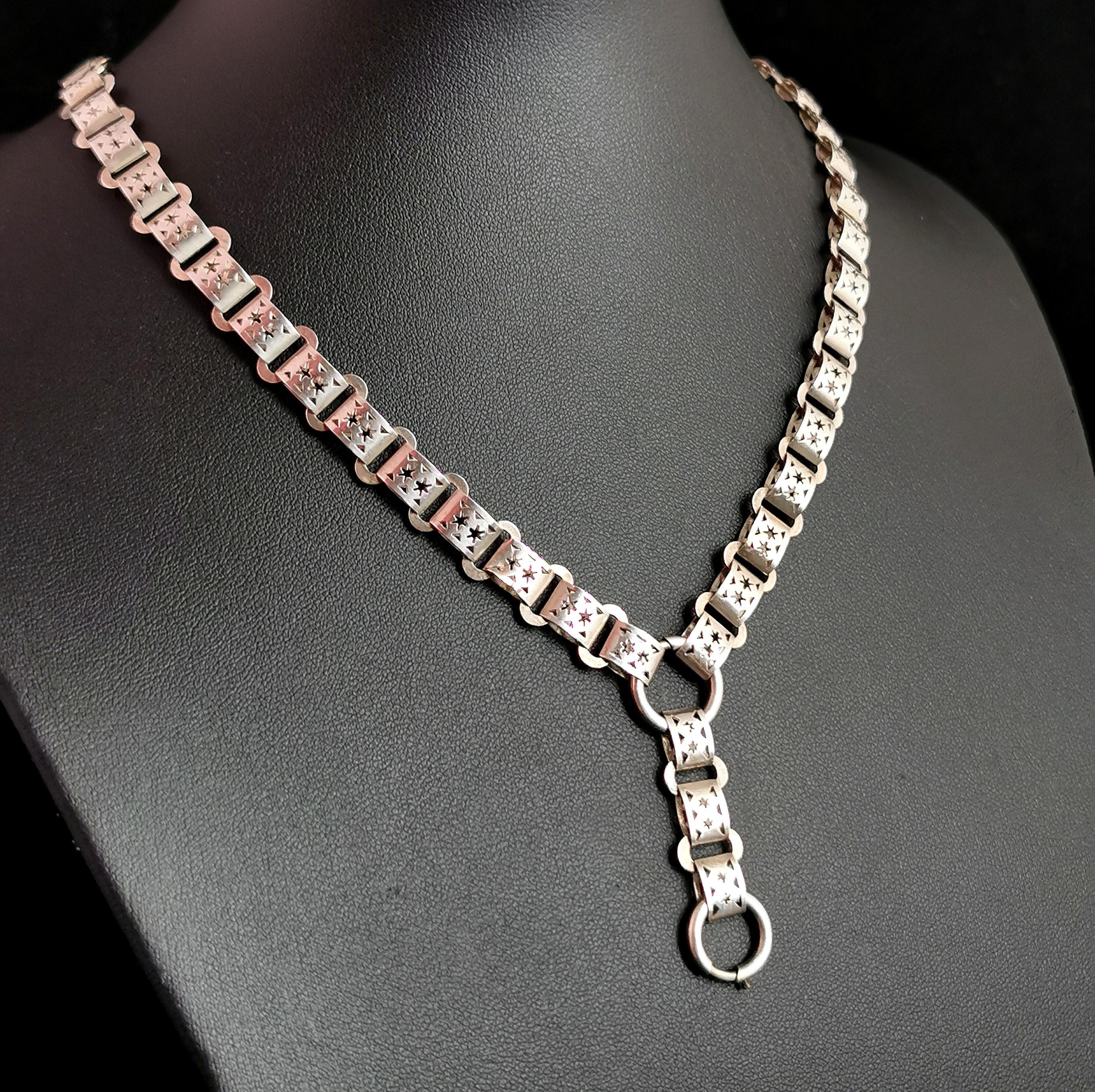 Antique Victorian silver book chain necklace, star links 2