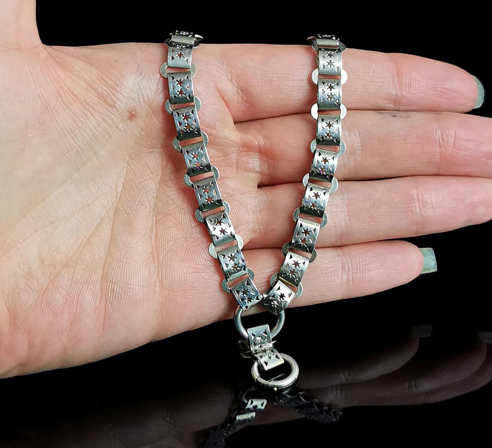 Antique Victorian silver book chain necklace, star links 3